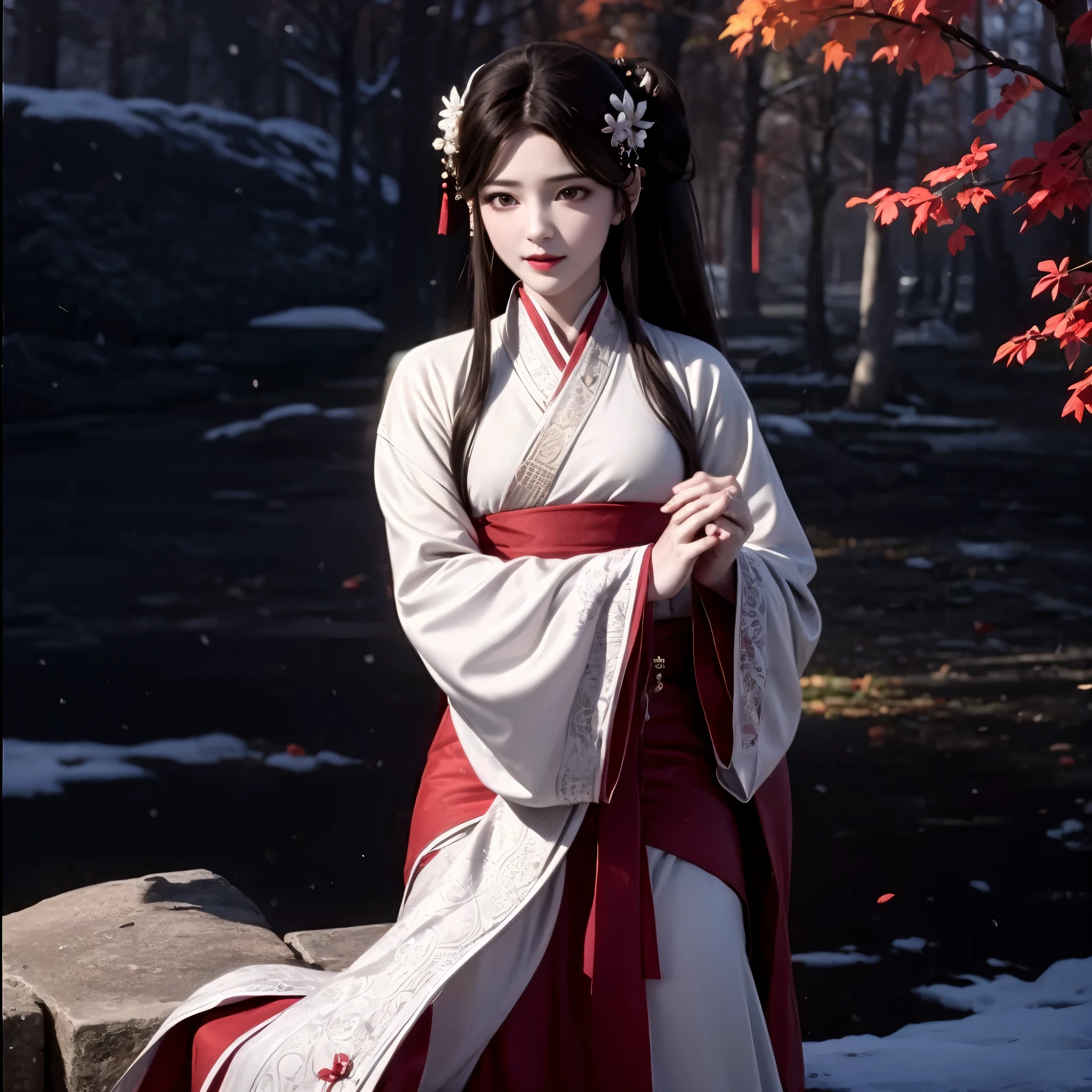 1 solo , Beautiful girl with long brown hair, bright brown eyes, sweet smile, snow white skin,Her long hair is decorated with red mulberry flowers 🏵️,The girl wore a simple white hanfu with a red cloth tied around her waist, Forest setting filled with mulberry tree  ,central focusing on girl in graphics, realistic graphics, 8k, wearing white hanfu and red skirt hanfu