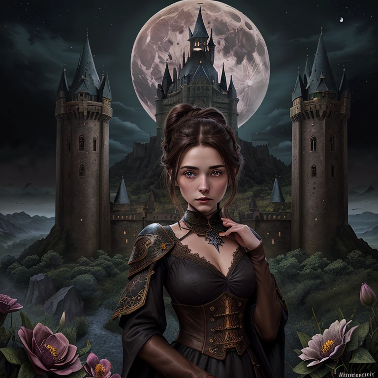 (masterpiece),(best quality), illustration, (fantasy:1.4), witch, cute detailed digital art, beautiful face, brown hair, hair up, castle, mountain, dark color long dress, a moon, flowers , paper_cut