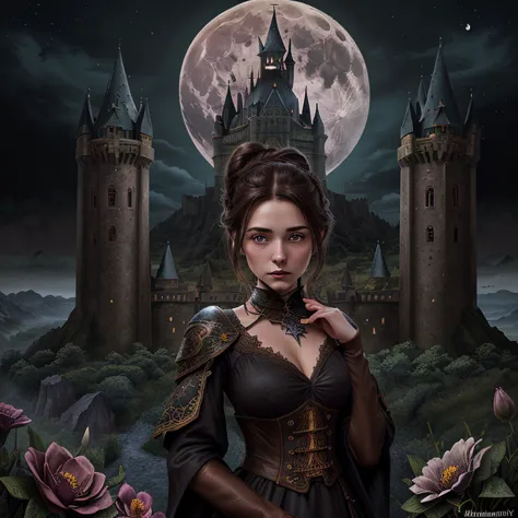 (masterpiece),(best quality), illustration, (fantasy:1.4), witch, cute detailed digital art, beautiful face, brown hair, hair up...