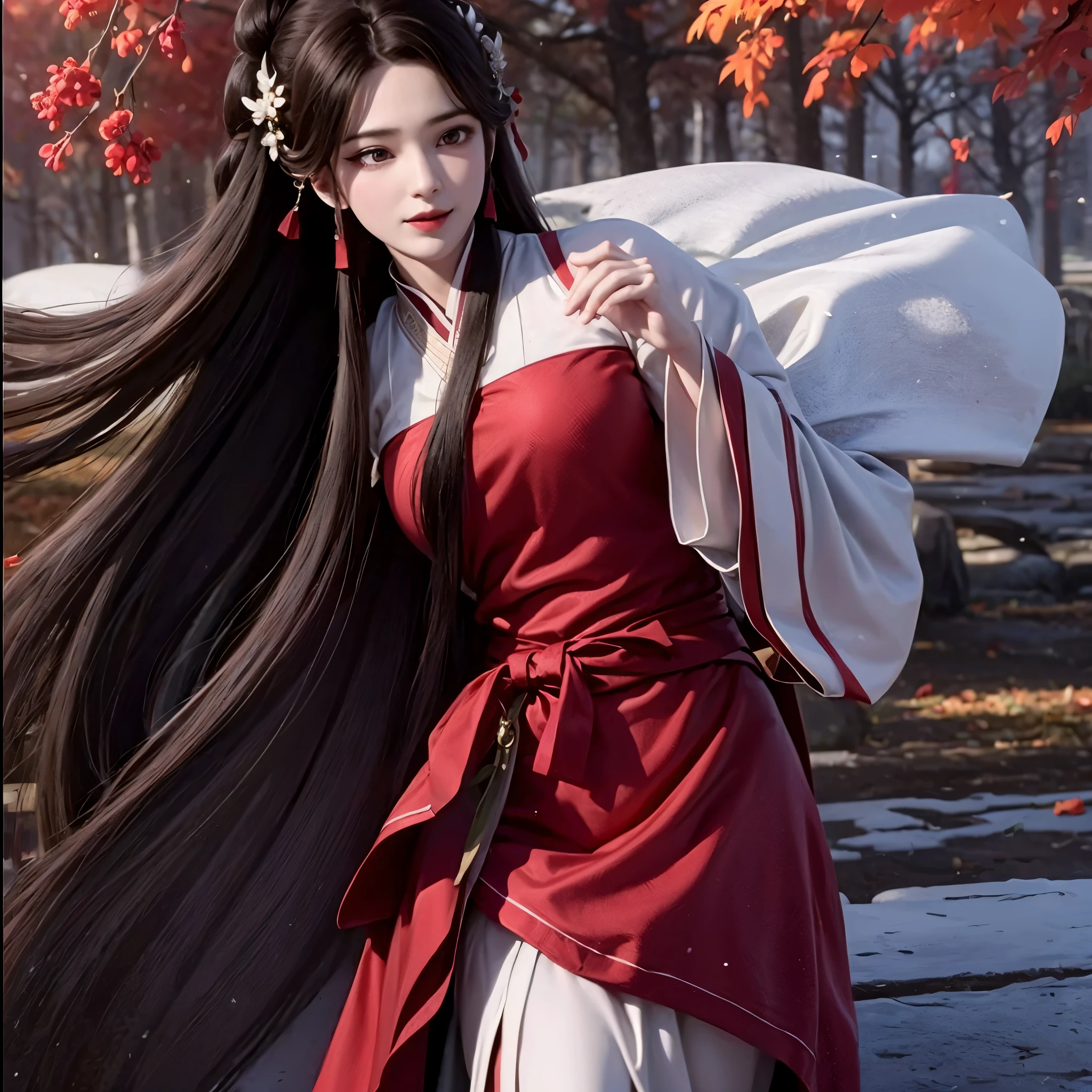 1 solo , Hermosa chica con cabello largo y castaño, ojos marrones brillantes, dulce sonrisa, piel blanca como la nieve,Her long hair is decorated with red mulberry flowers 🏵️,La niña vestía un sencillo hanfu blanco con una tela roja atada a su cintura., Entorno de bosque lleno de moreras  ,central centrándose en la chica en los gráficos, Gráficos realistas, 8K, vistiendo hanfu blanco y falda roja hanfu