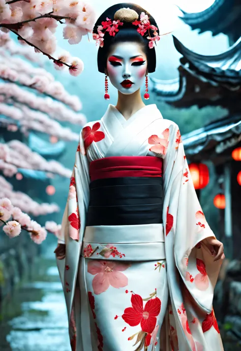 Gothic aesthetics，Gothic aesthetics，(Geisha stands gracefully under the cherry blossoms,Oiran at the Sakura Festival, Many red c...