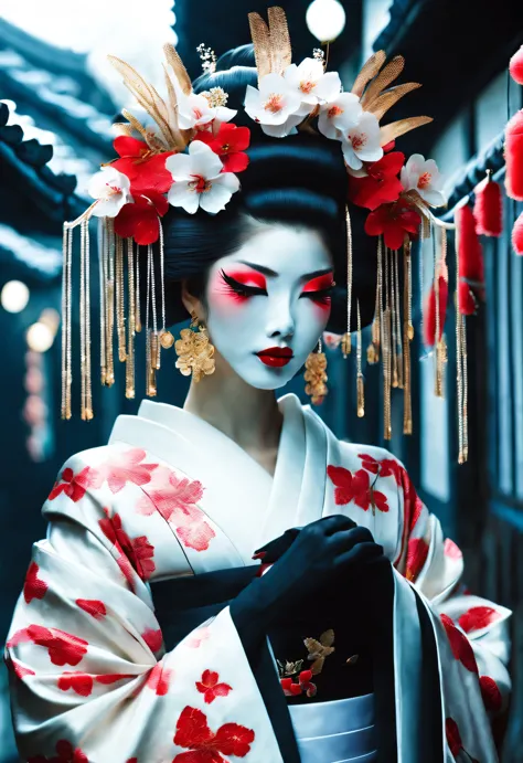 Gothic aesthetics，Gothic aesthetics，(Geisha stands gracefully under the cherry blossoms,Oiran at the Sakura Festival, Many red c...