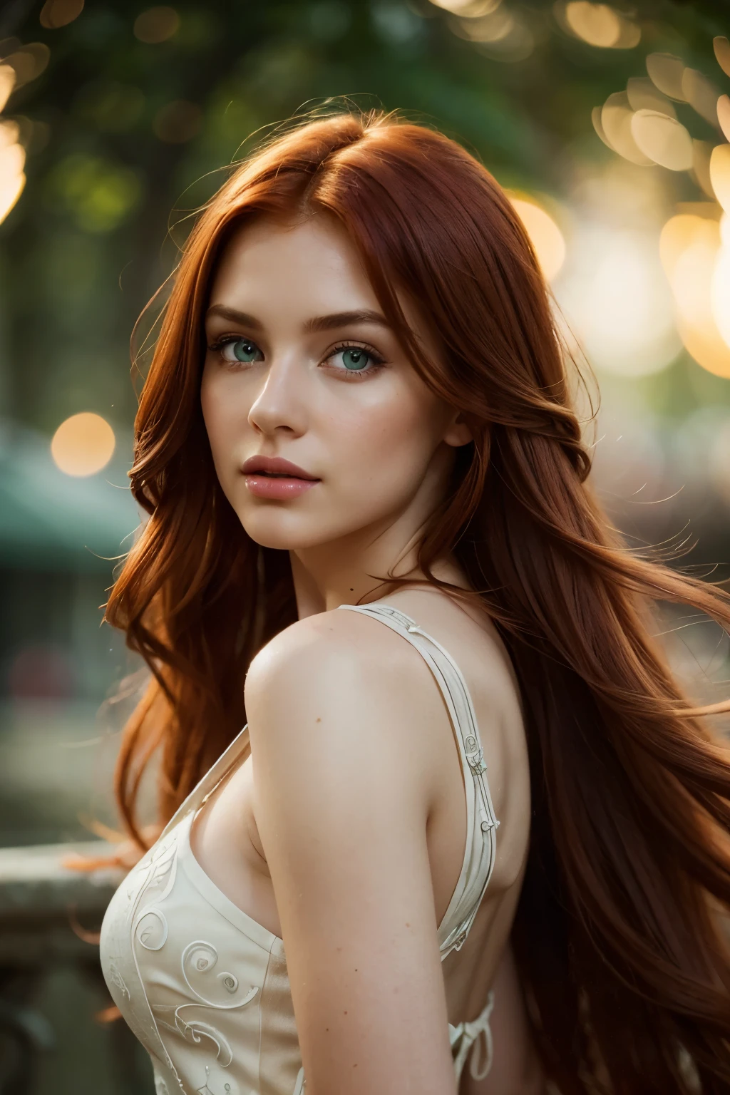 (best quality, HDR, professional),red-haired woman with medium-length hair and green eyes,(detailed eyes, detailed lips),(vibrant colors),(stylized, concept art),(scenic background),(soft lighting),(bokeh),beautiful clothing, elegant pose