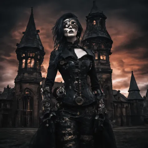 Gothic aesthetics, combination of styles, Gothic combined with steampunk, double exposure photography, Gothic castle in the twil...