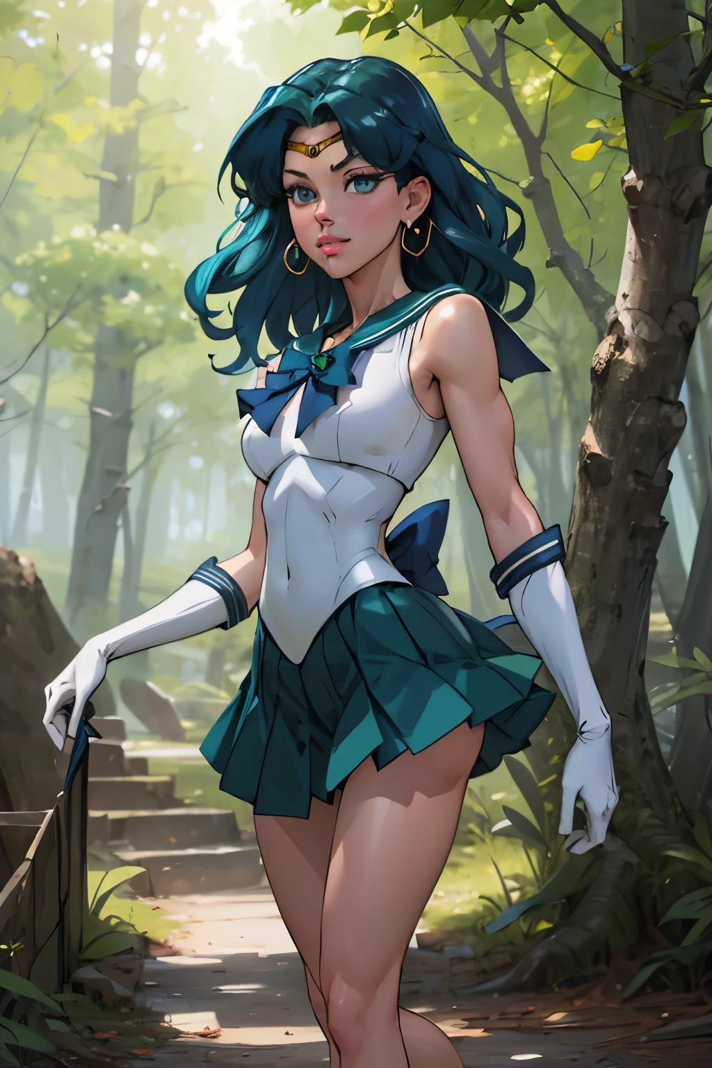 (solo, 1girl), (absurdres, highres, official wallpaper, poster), (masterpiece, best quality:1.2), (illustration, realistic), (perfect details, highest detailed, extreme detailed), (small breasts:1.3), (muscular legs),  (Aletta ocean face), ((puffy lips)), dramatic light,   MichiruKaiou ,(sailor neptune, elbow gloves, neck ribbon, circlet, jewelry), (dress, skirt), (forest, outdoors, sunlight)