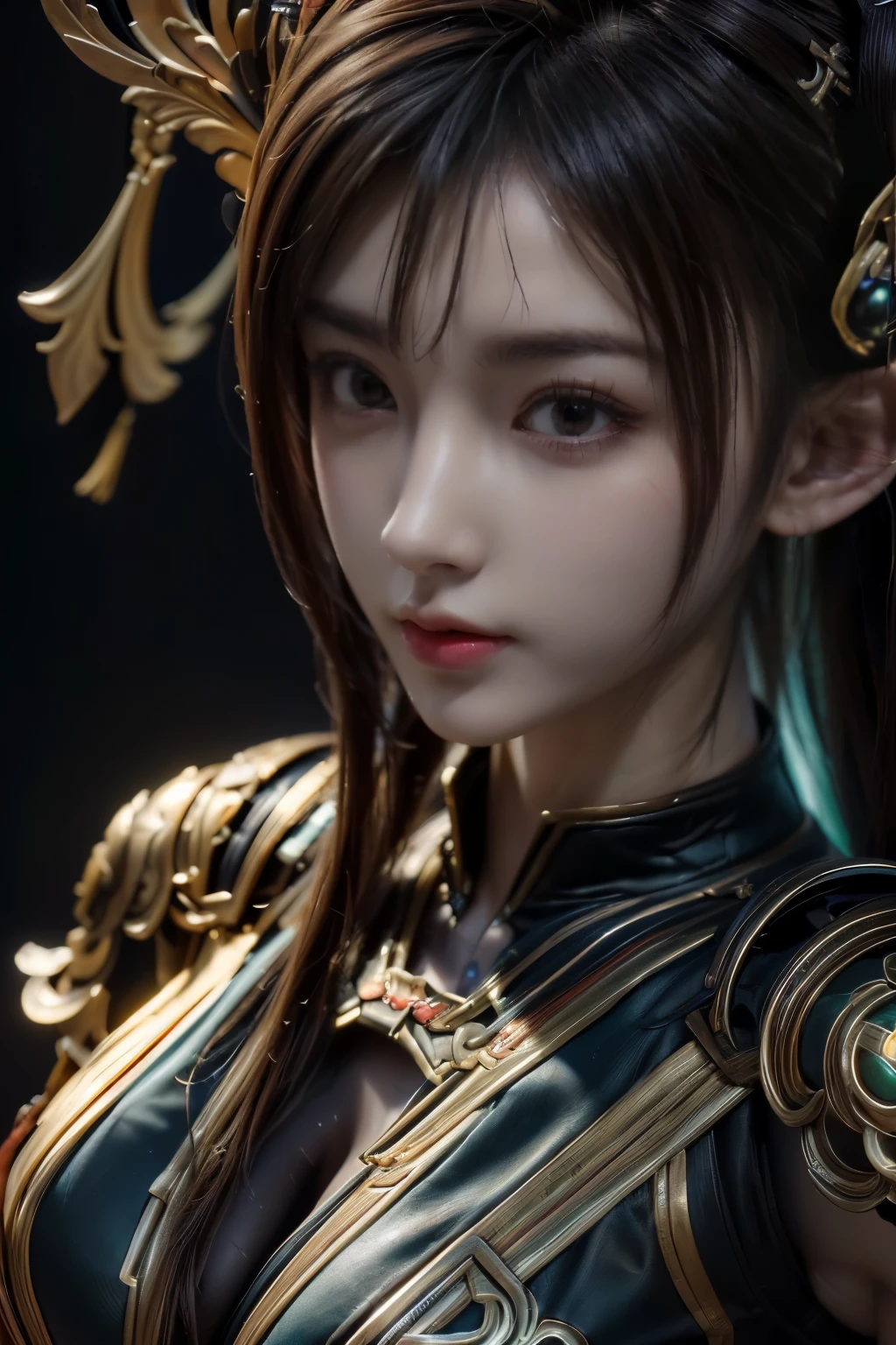 Masterpiece,Game art,The best picture quality,Highest resolution,8K,(Portrait),Unreal Engine 5 rendering works,(Digital Photography),((A close-up of the character's upper body:1.5)),
20 year old girl,Short hair details,With long bangs,(The red eye makeup is very meticulous),(White with short haiery red eyes,(Large, full breasts),Elegant and noble,Brave and charming,
(Cyberpunk combat suit combined with the characteristics of Chinese fairy costume,Combined with the characteristics of Dunhuang costumes,Ribbon,Golden pattern),Cyberpunk figures,Big moon background,
Movie lights，Ray tracing，Game CG，((3D Unreal Engine))，OC rendering reflection pattern