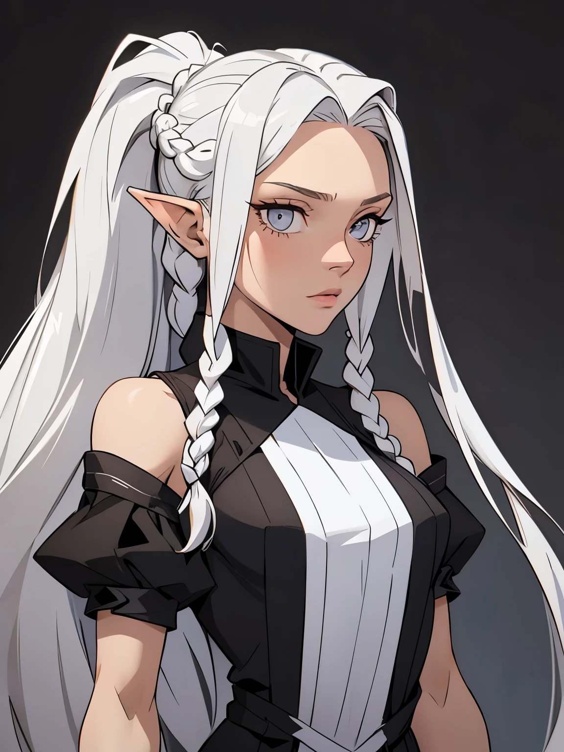 Millicent is a 21 year old young girl, tall and fit physique. She has fair skin and gray eyes with small pupils. Long wavy white hair braided into a high ponytail with many small braids. Has long pointed ears. Described as an incredibly beautiful girl. Prefers to wear black clothes, gray and white colors