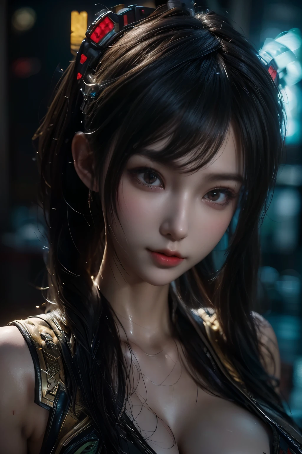 傑作,ゲームアート,最高の画質,最高解像度,8k,(肖像画),Unreal Engine 5のレンダリング作業,(デジタル写真),((肖像画 Feature:1.5)),
20歳の少女,ショートヘアの詳細,長い前髪,(赤いアイメイクはとても丁寧です),(短くて毛深い赤い目をした白い体,(大きい, 豊かな胸),優雅で高貴な,勇敢で魅力的,
(中国の妖精衣装の特徴を組み合わせたサイバーパンク戦闘スーツ,敦煌の衣装の特徴と組み合わせ,リボン,黄金の模様),サイバーパンクのフィギュア,大きな月の背景,
映画照明，レイトレーシング，ゲームCG，((3D アンリアルエンジン))，OCレンダリング反射パターン