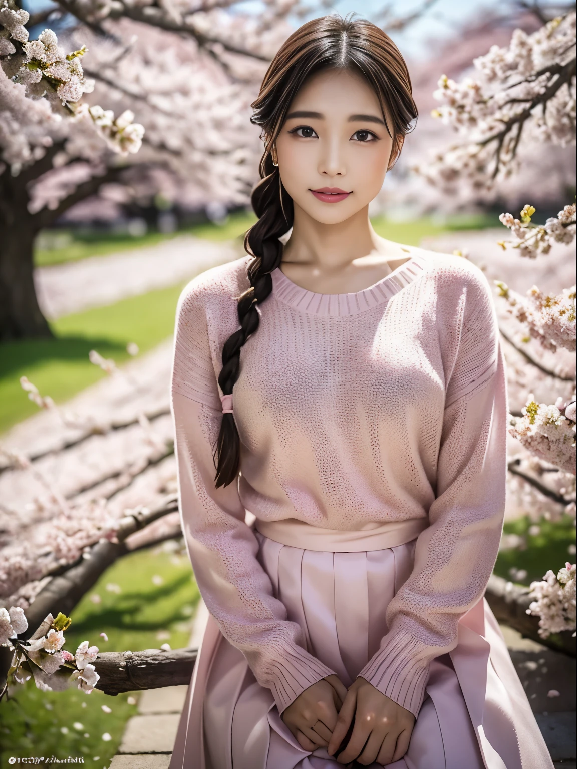 Sexy sweater，Beautiful girl with double braids，Under the cherry blossom tree，Sakura petals are flying all over the ground，Big ，（（best quality））， （（intricate details））， （（Surrealism））（8k）