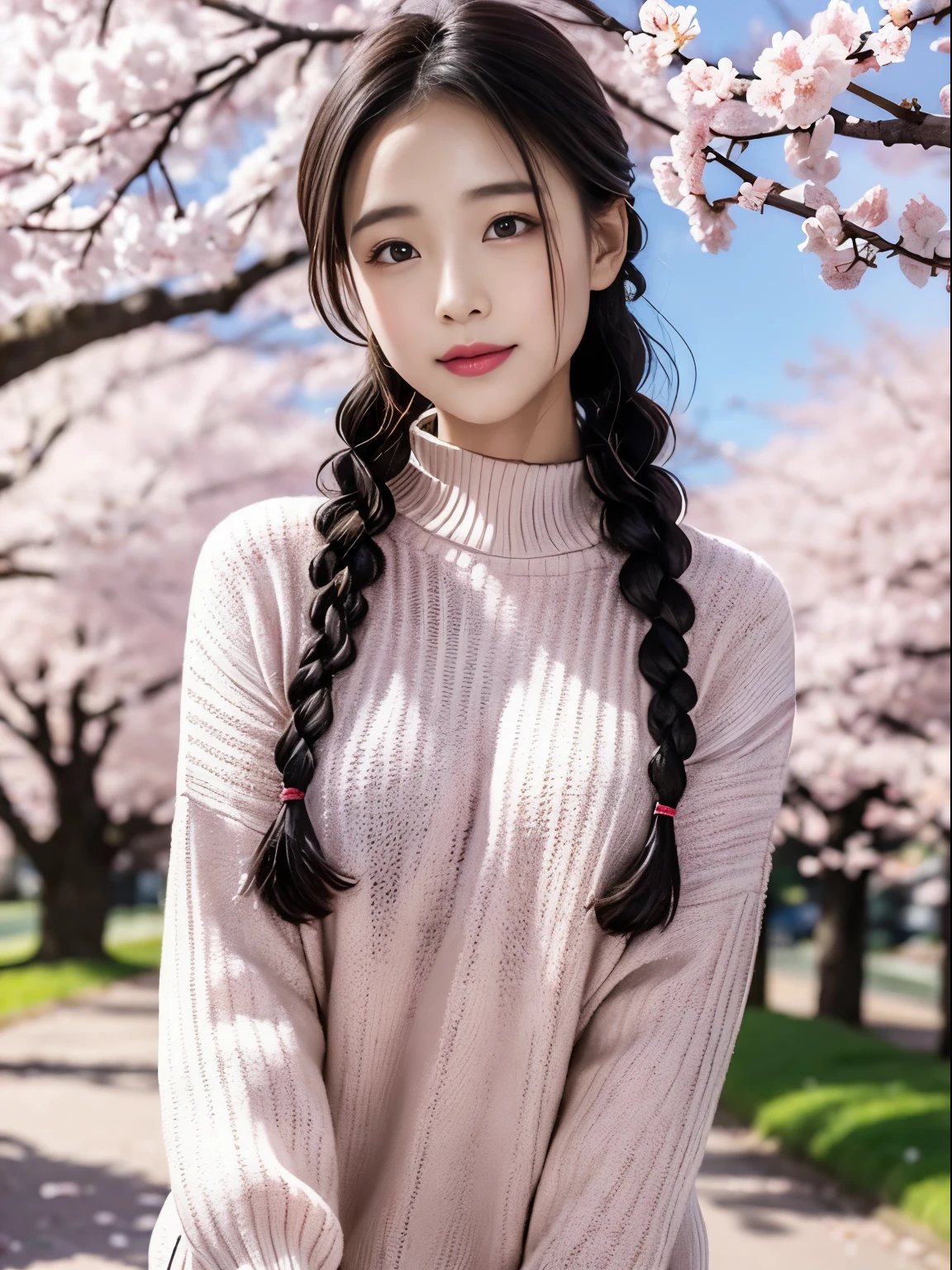 Sexy sweater，Beautiful girl with double braids，Under the cherry blossom tree，Sakura petals are flying all over the ground，Big ，（（best quality））， （（intricate details））， （（Surrealism））（8k）