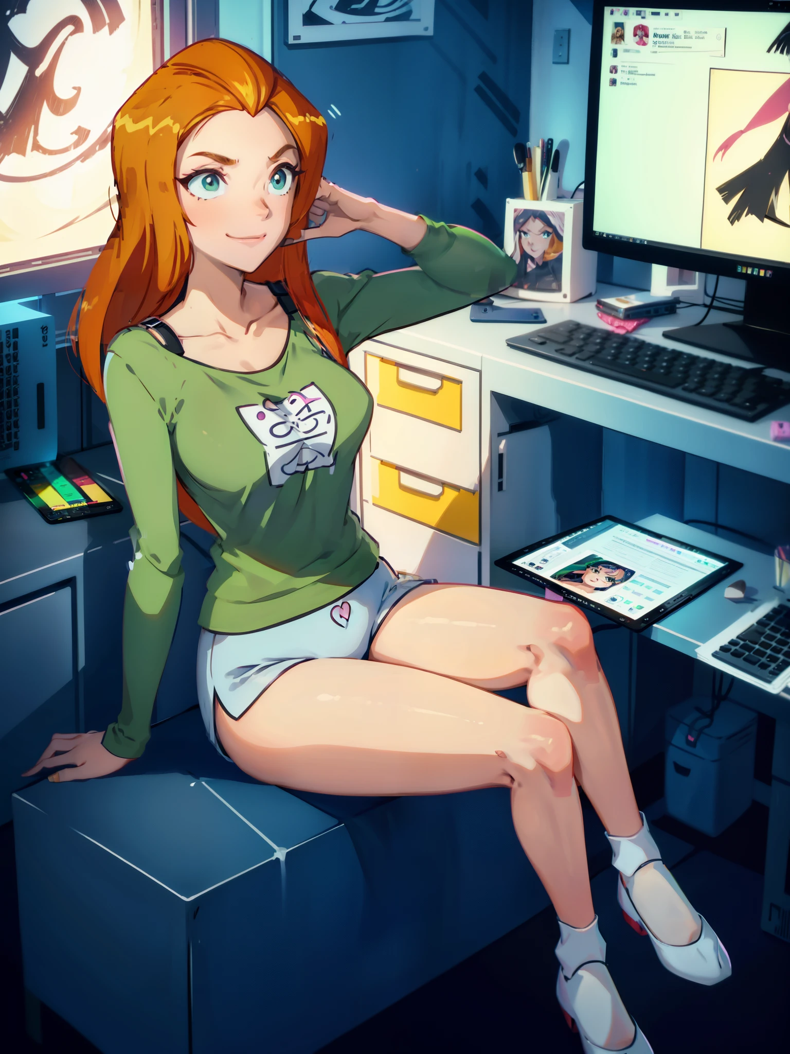 Anime girl sitting on a desk with a computer and a monitor - SeaArt AI