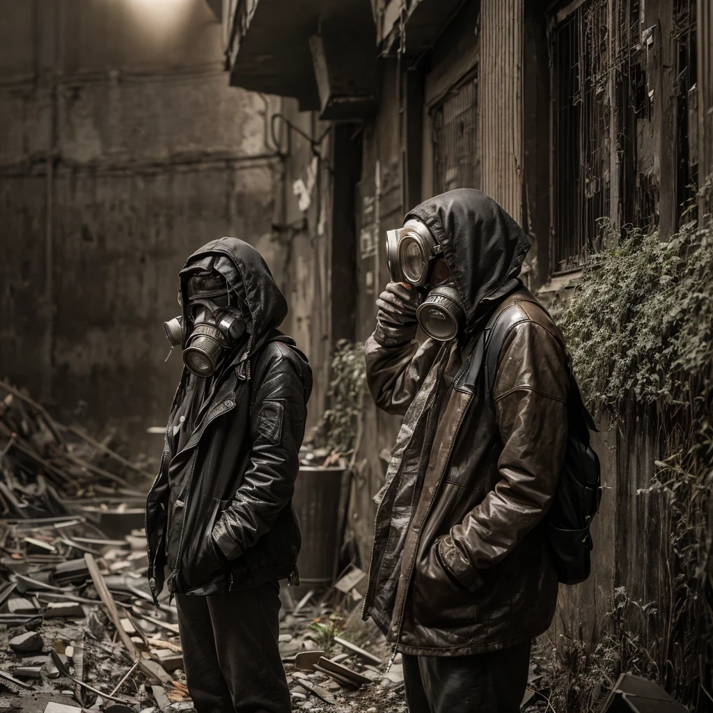 downpour(Lighting,Latter day castle,abandoned,dystopian,futuristic,dark atmosphere,overgrown vegetation,deserted street,Crumbling building,black wall,Broken windows,Debris was scattered all over the place,create desolation、chaotic atmosphere. ),[Steampunk survivor,gas mask,windbreaker,Brass decoration,cogs and gears,]，The sky is dimly lit,Ominous clouds gather together,Dazzling lightning,despair,unforgettable silence,lost hope,Epidemic of disease.Tan color palette,strong contrast,Moody's Lighting.(best quality,high resolution,masterpiece:1.2)，Background fog， high resolution， detail， RAW photos， Sharp Re， Nikon D850 film photo by Jefferies Lee 4 Kodak Portra 400 camera F1.6 guns, colorful, Ultra-realistic and vivid textures, dramatic lighting, Unreal Engine Art Station Trend, Sinest 800，