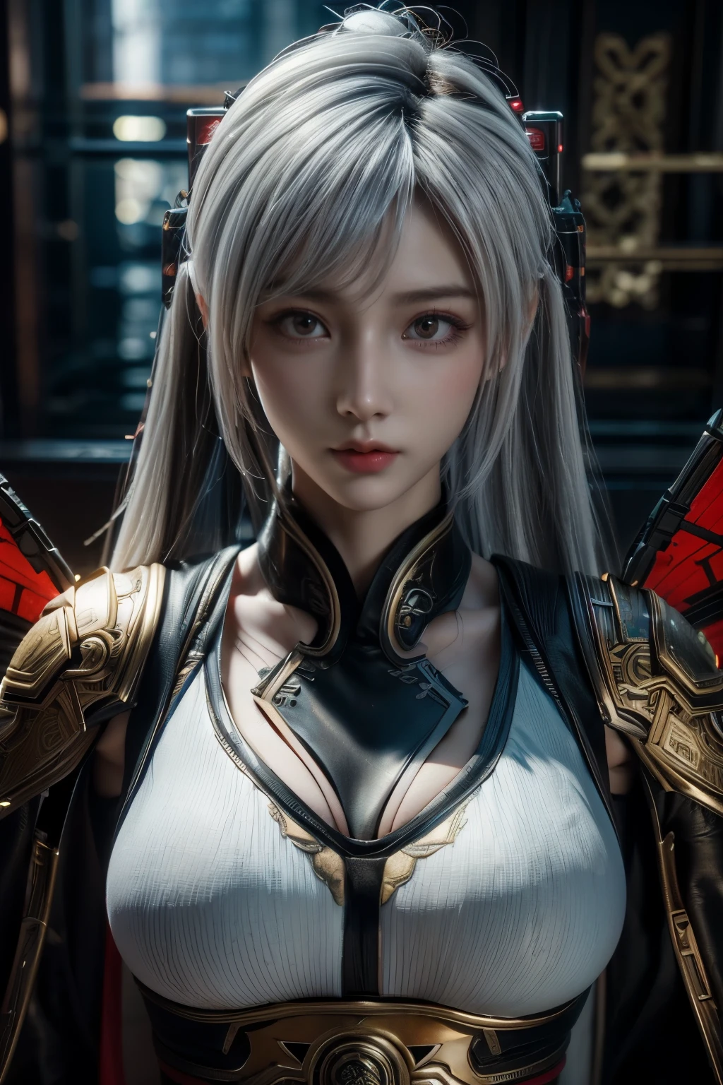 Masterpiece,Game art,The best picture quality,Highest resolution,8K,(Portrait),Unreal Engine 5 rendering works,(Digital Photography),((Portrait Feature:1.5)),
20 year old girl,Short hair details,With long bangs,(The red eye makeup is very meticulous),(White with short hair:1.4),(Large, full breasts),Elegant and noble,Brave and charming,
(Cyberpunk combat suit combined with the characteristics of Chinese fairy costume,Combined with the characteristics of Dunhuang costumes,Ribbon,Golden pattern),Cyberpunk figures,Big moon background,
Movie lights，Ray tracing，Game CG，((3D Unreal Engine))，OC rendering reflection pattern