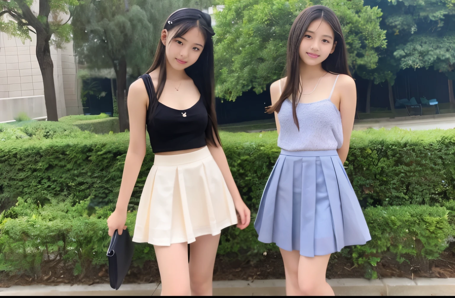 Two asian women in short skirts are standing next to each other - SeaArt AI