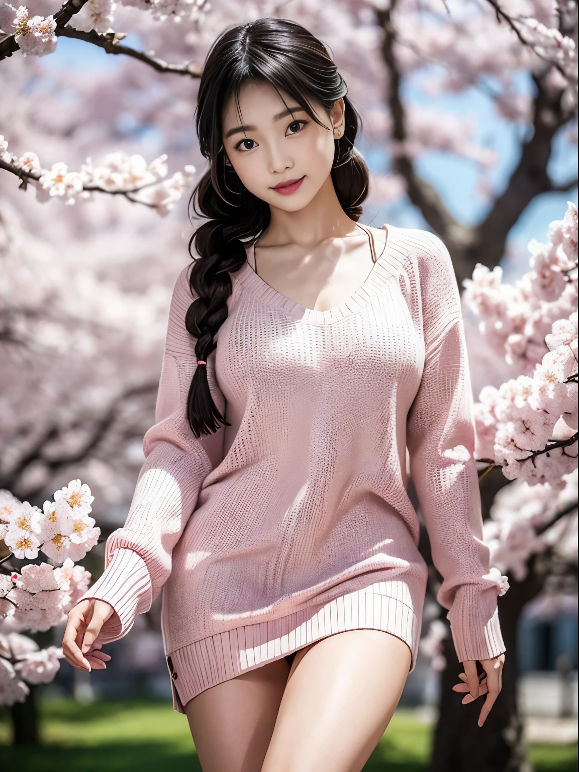 Sexy sweater，Beautiful girl with double braids，Under the cherry blossom tree，Sakura petals are flying all over the ground，Big ，（（best quality））， （（intricate details））， （（Surrealism））（8k）