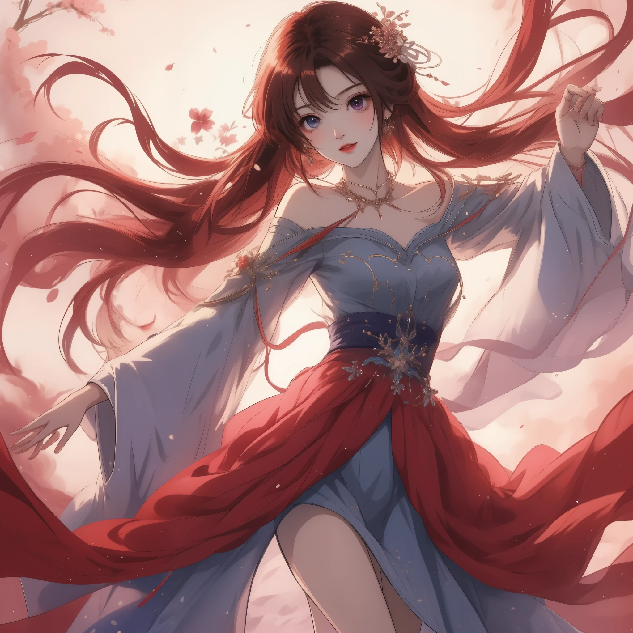 anime long hair girl and blue dress in the wind, anime style 4k, beautiful anime girl, Beautiful anime woman, anime long hair girl, Beautiful charming anime woman, flowing hair and gown, Extremely detailed Artgerm, Beautiful anime artwork, style art, anime art wallpaper 8k, Cute anime waifu wearing beautiful clothes