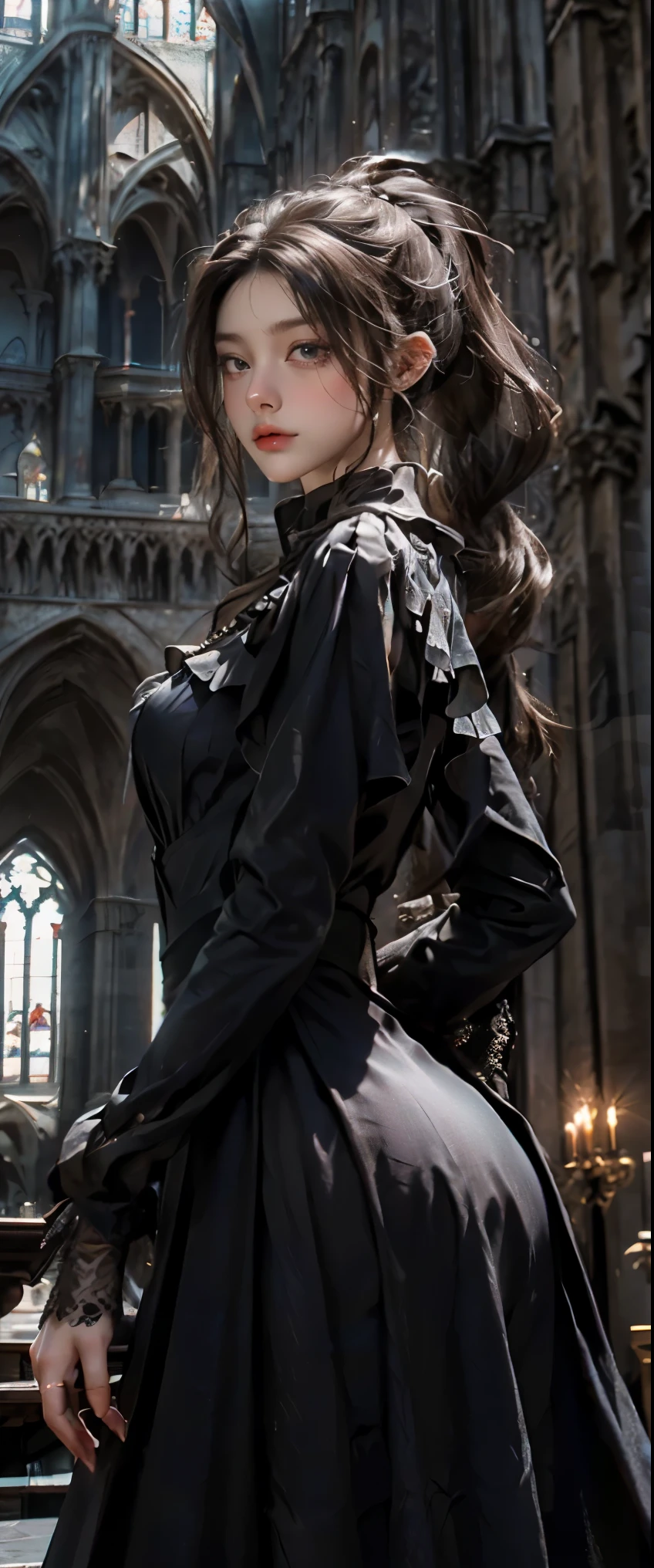 masterpiece, highest quality, High resolution, photorealistic, High resolution, Raw photo, ((Largest Gothic building in Italy, Milan Cathedral))、((1girl, Young woman in gothic dress, detailed face and eyes, beautiful face, ponytail, shiny skin, realistic skin texture, long sleeve,  big breasts, big ass)), (Gothic fashion is dark, mysterious, and exotic). Looking up at the ceiling of the cathedral, (View from below:1.2), 
