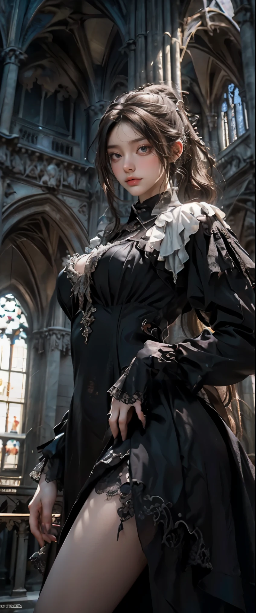 masterpiece, highest quality, High resolution, photorealistic, High resolution, Raw photo, ((Largest Gothic building in Italy, Milan Cathedral))、((1girl, Young woman in gothic dress, detailed face and eyes, beautiful face, ponytail, shiny skin, realistic skin texture, long sleeve,  big breasts, big ass)), (Gothic fashion is dark, mysterious, and exotic). Looking up at the ceiling of the cathedral, (View from below:1.2), 