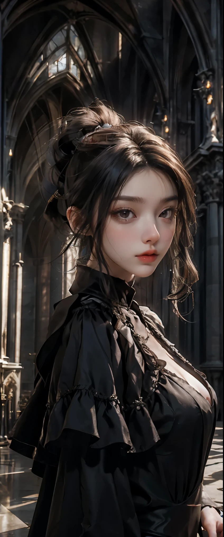 masterpiece, highest quality, High resolution, photorealistic, High resolution, Raw photo, ((Largest Gothic building in Italy, Milan Cathedral))、((1girl, Young woman in gothic dress, detailed face and eyes, beautiful face, ponytail, shiny skin, realistic skin texture, long sleeve,  big breasts, big ass)), (Gothic fashion is dark, mysterious, and exotic). Looking up at the ceiling of the cathedral, 