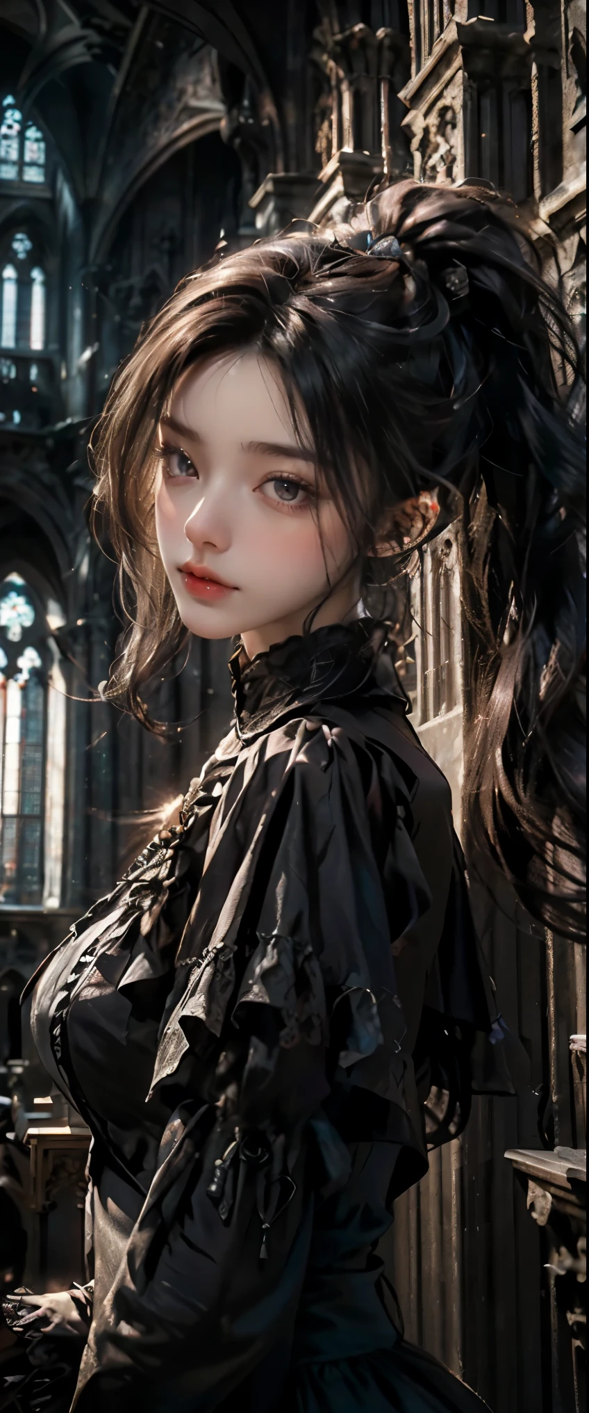 masterpiece, highest quality, High resolution, photorealistic, High resolution, Raw photo, ((Largest Gothic building in Italy, Milan Cathedral))、((1girl, Young woman in gothic dress, detailed face and eyes, beautiful face, ponytail, shiny skin, realistic skin texture, long sleeve,  big breasts, big ass)), (Gothic fashion is dark, mysterious, and exotic). Looking up at the ceiling of the cathedral, 