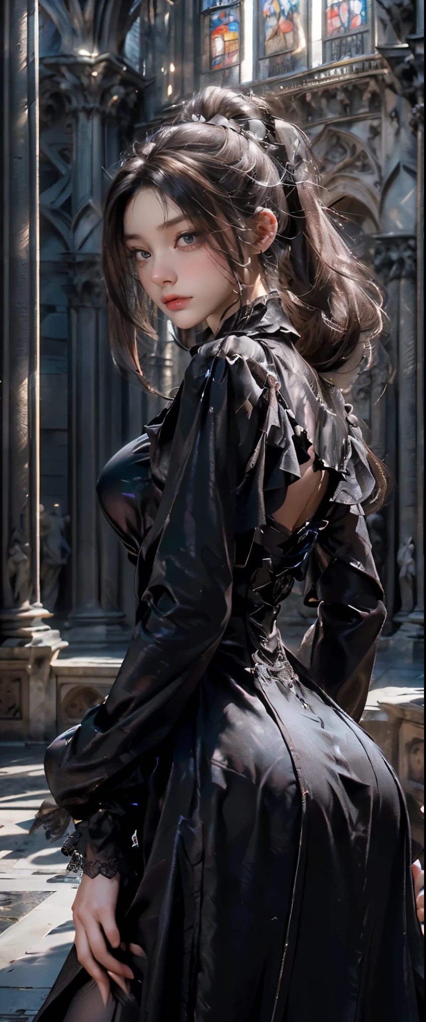 masterpiece, highest quality, High resolution, photorealistic, High resolution, Raw photo, ((Largest Gothic building in Italy, Milan Cathedral))、((1girl, Young woman in gothic dress, detailed face and eyes, beautiful face, ponytail, shiny skin, realistic skin texture, long sleeve,  big breasts, big ass)), (Gothic fashion is dark, mysterious, and exotic).