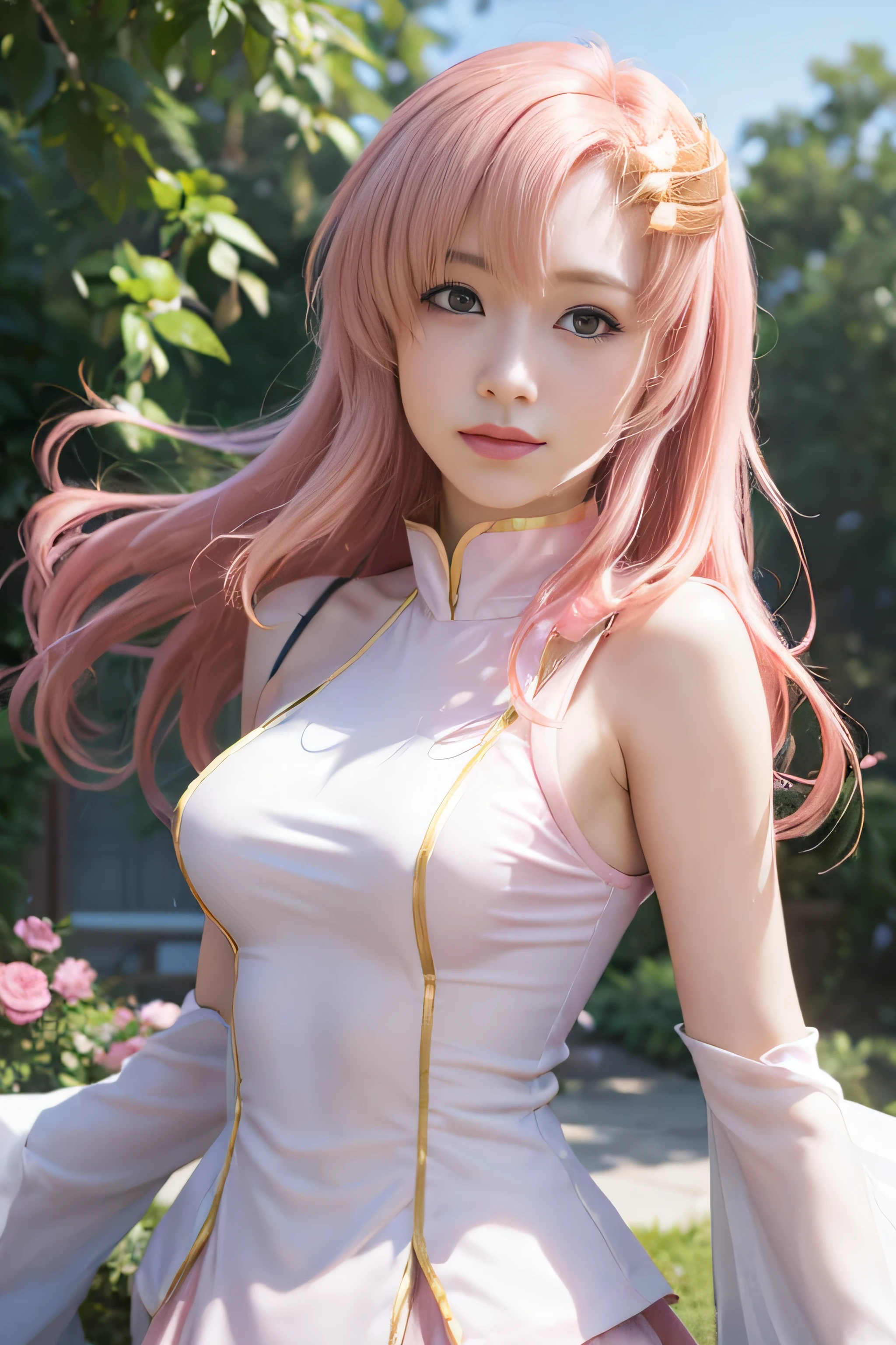 masterpiece, best quality, (realistic,photo-realistic:1.4), (RAW photo:1.2), extremely detailed CG unity 8k wallpaper, delicate and beautiful, amazing,finely detail, official art, absurdres, incredibly absurdres, huge filesize, ultra-detailed,extremely detailed eyes and face,light on face,lacus clyne,(little smile),(pink hair:1.4),(long hair:1.6),(wearing turttleneck:1.5),window,(small breast:1.3),garden,(golden hair ornament:1.40)