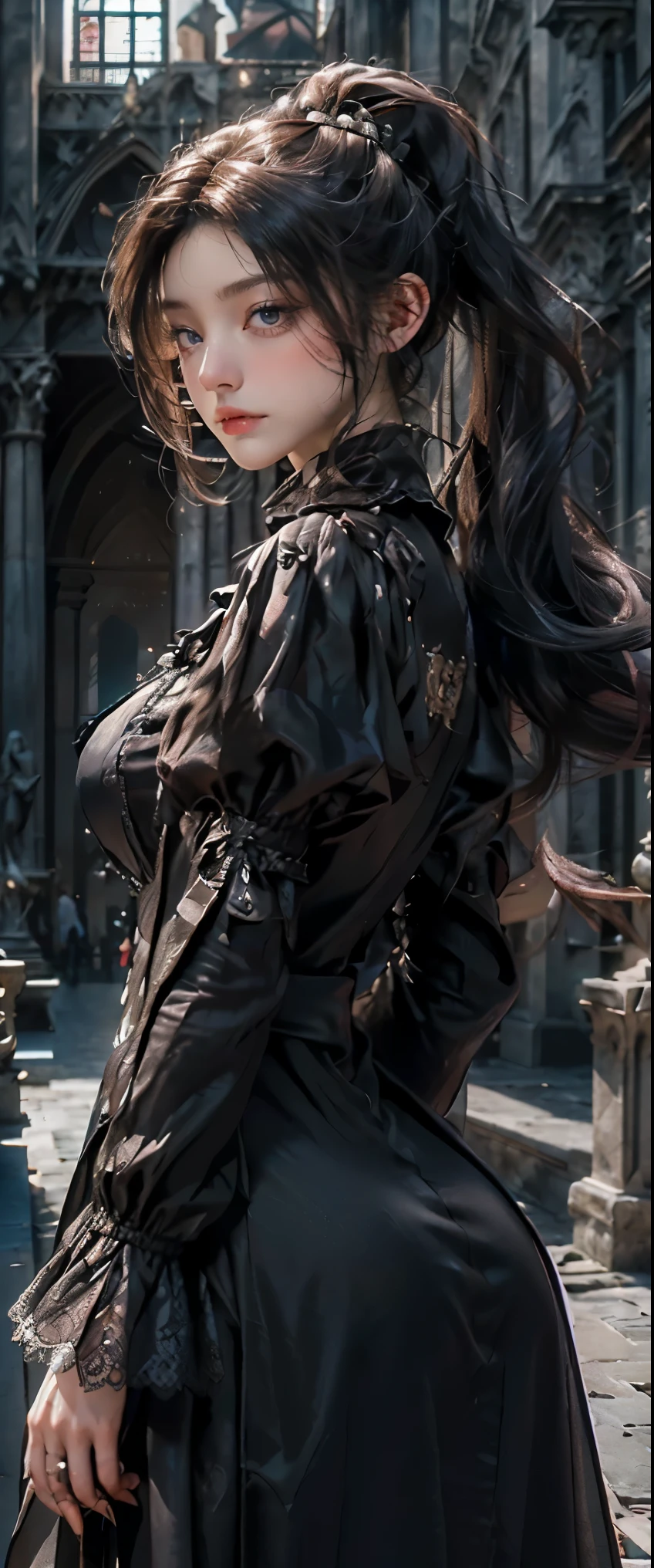 masterpiece, highest quality, High resolution, photorealistic, High resolution, Raw photo, ((Largest Gothic building in Italy, Milan Cathedral))、((1girl, Young woman in gothic dress, detailed face and eyes, beautiful face, ponytail, shiny skin, realistic skin texture, long sleeve,  big breasts, big ass)), 