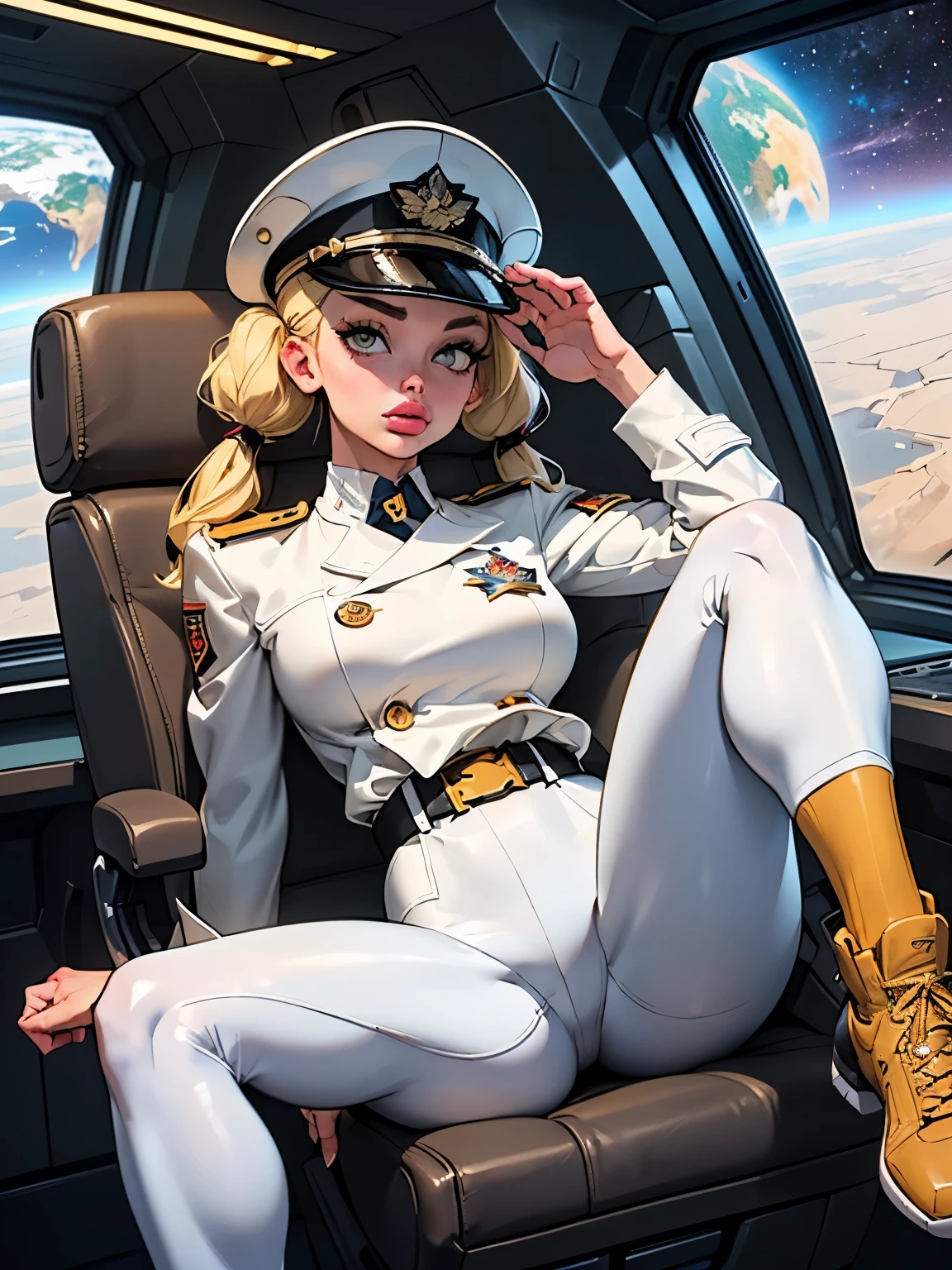 ((Masterpiece)), ((Highest Image Quality)), (((Best Quality)), (Illustration of One Girl), Full Body, 2, (Neutral)), ((Blonde Twin Tails)), Light Golden Eyes, (Tall)), (Muscular Strong Body)), ((Muscular and Thick Body)), ((Muscular and Thick Armuscular and Thick Leganspreading)), Open Legs, (((Army Uniform)), (Army Hat)), (((Army Coat)), (white clothes), (white pants), (white hat), trench coat, ((inside the spaceship, sitting in the captain's seat)), (outside the window, space, Earth seen from space, spaceport)