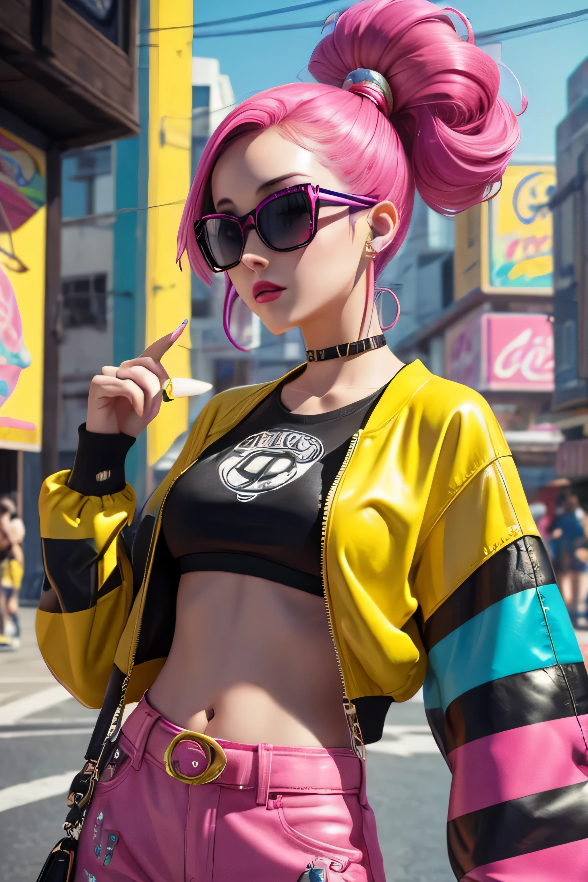 Funky girl with a geometric shapes background, a punk hairstyle and sunglasses, create this beauty and fashion profile scene. Retro look perfect for fun projects. 3d digital art render. in the style of yoh nagao, lively 
tavern scenes, outdoors and, yellow and pink, drugcore, cult party kei, 
fragmented advertising, playful use of line.