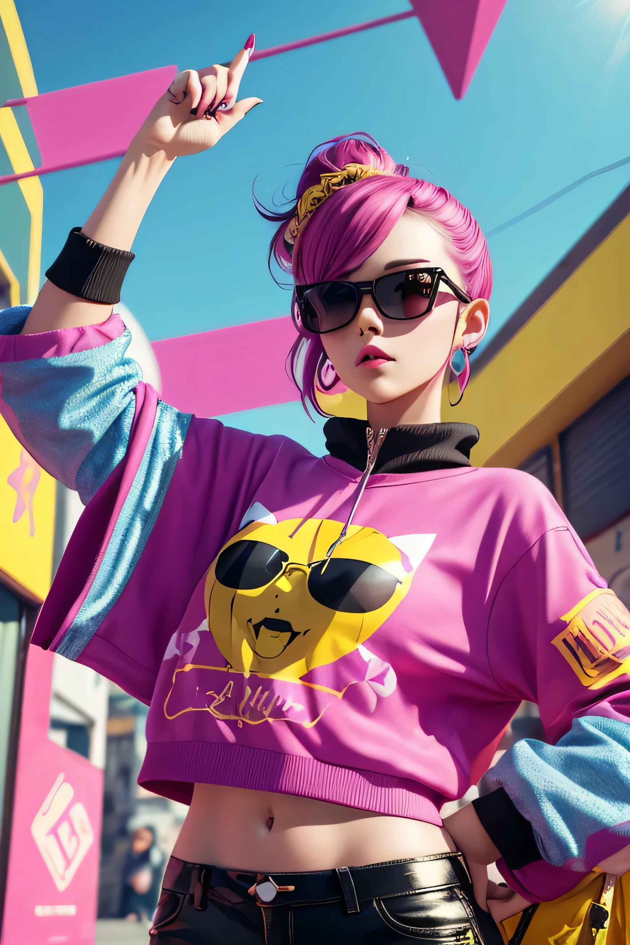 Funky girl with a geometric shapes background, a punk hairstyle and sunglasses, create this beauty and fashion profile scene. Retro look perfect for fun projects. 3d digital art render. in the style of yoh nagao, lively tavern scenes, outdoors and, yellow and pink, drugcore, cult party kei, fragmented advertising, playful use of line.