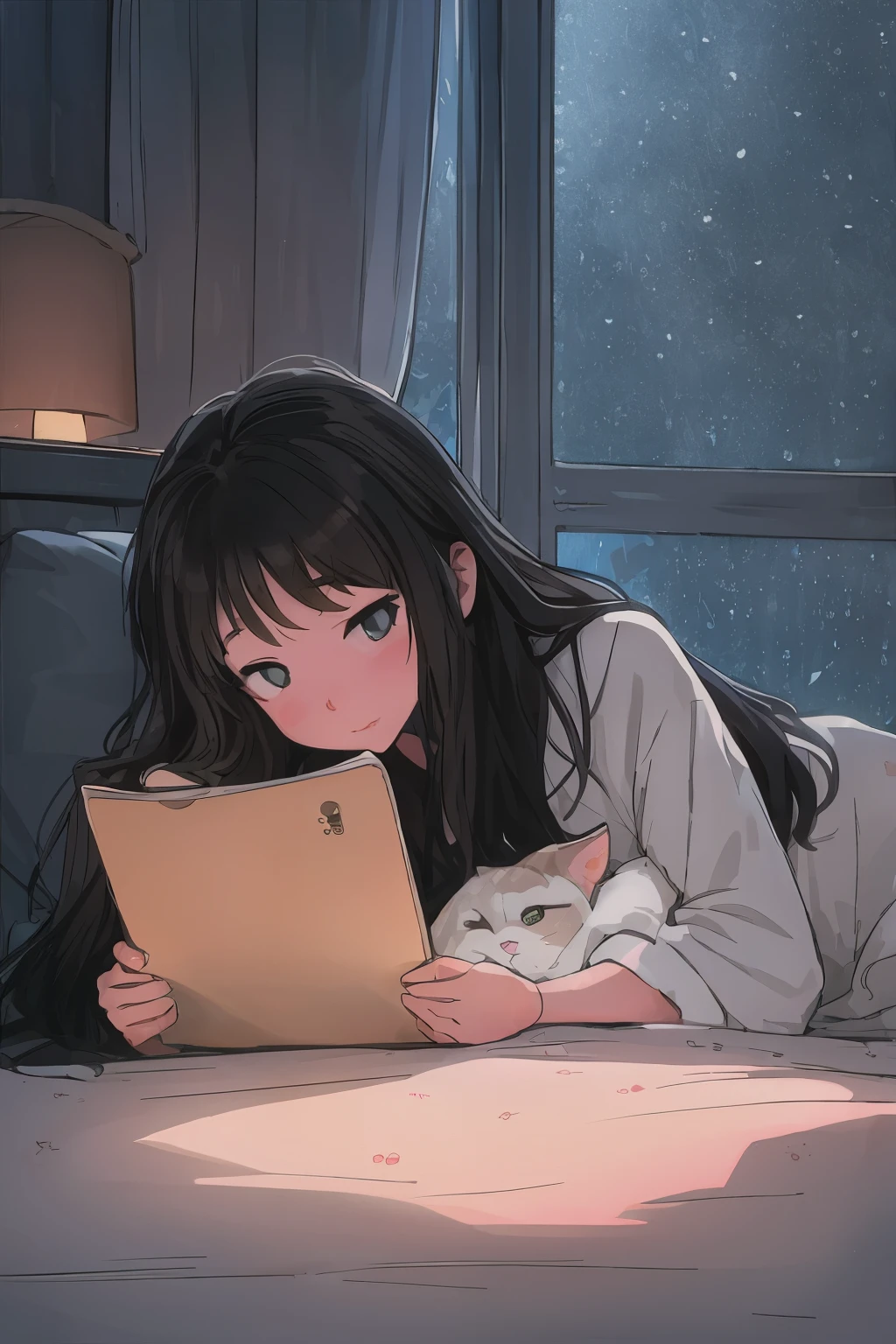 Chica anime acostada en la cama leyendo un libro con un gato - SeaArt AI