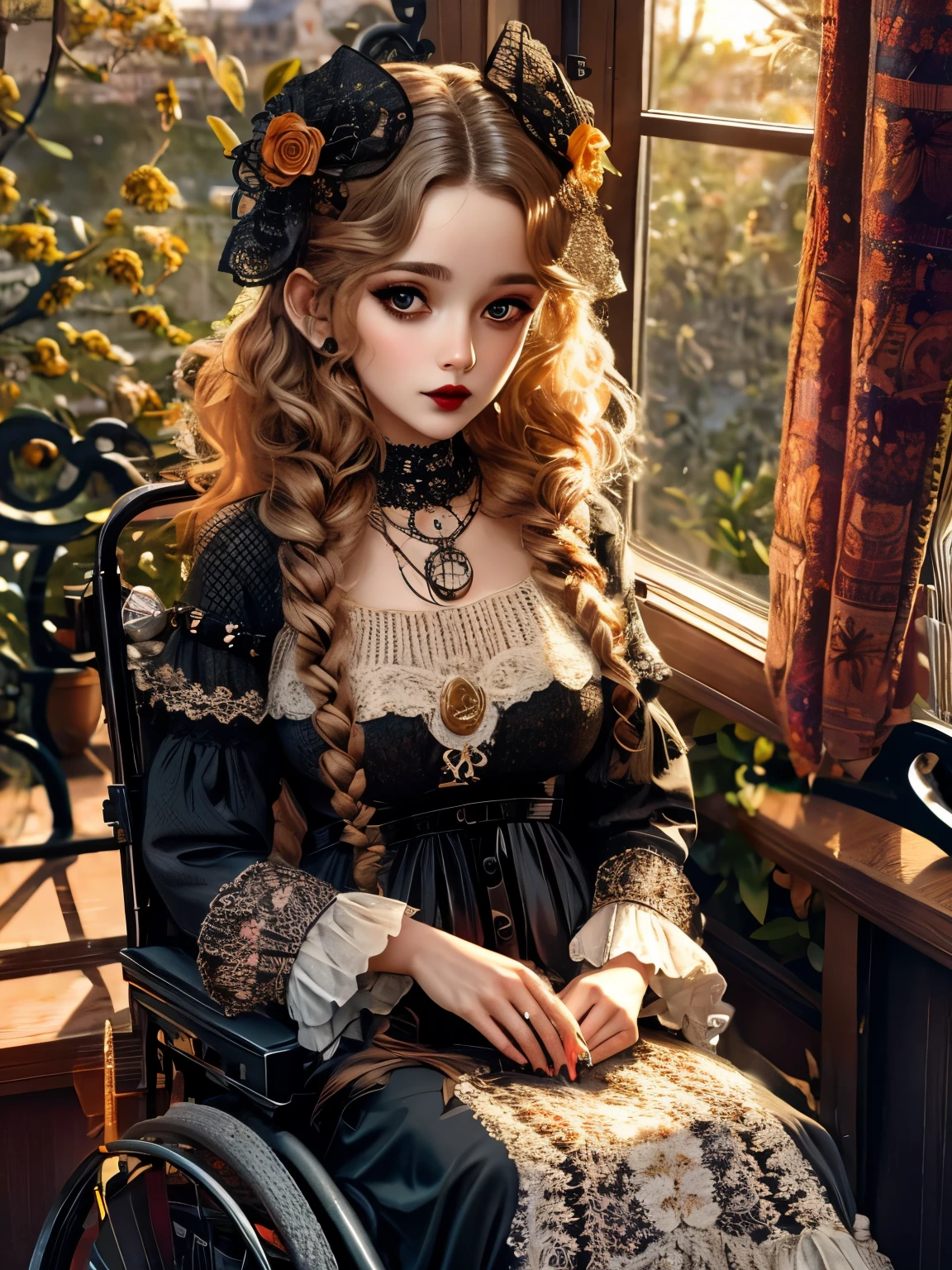 A curly-haired beauty sitting in a wheelchair，Classy and elegant，Eyes are very delicate，perfect fingers.，necklace，（（（hair accessories））），Long black dress、Looking at the scenery outside the room window，The light is dark，black lips，gothic style（（best quality））， （（intricate details））， （（Surrealism））（8k）