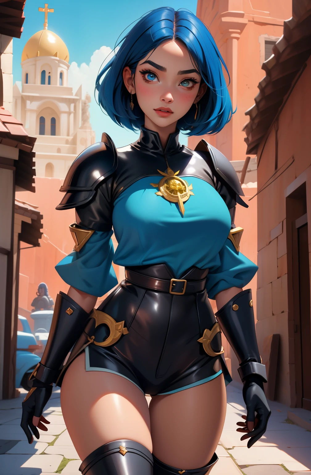 ((comic style)), Amazing artwork, blue hair woman, Dark skin, horny face on her beautiful face, wears tight armor ((blue bobcut hairstyle)), messy bangs, thick lips, ((tight red, correa)), perfect legs , 8k, ((Buddhist temple background)), Masterpiece, Best Quality
