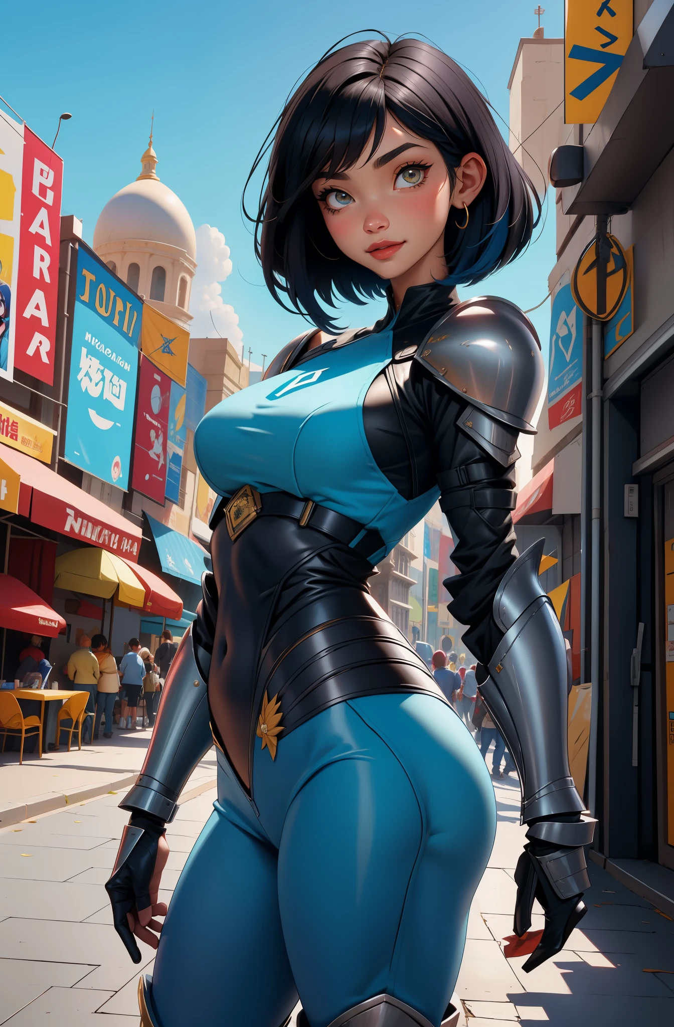 ((comic style)), Amazing artwork, blue hair tattooed woman, beautiful smile on her beautiful face, wears tight armor ((blue bobcut hairstyle)), messy bangs, thick lips, ((tight red, correa)), perfect legs , 8k, ((City background)), Masterpiece, Best Quality