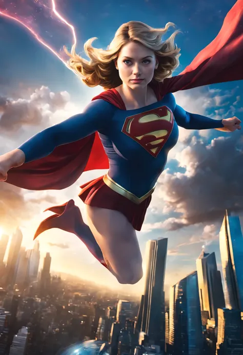 Supergirl,flying in the sky,cape billowing in the wind,graceful and powerful,confident and determined,[golden] curls shining in the sunlight,dazzling blue eyes,piercing through the darkness,[bold and heroic],costume vibrant and colorful,[holding a glowing ...
