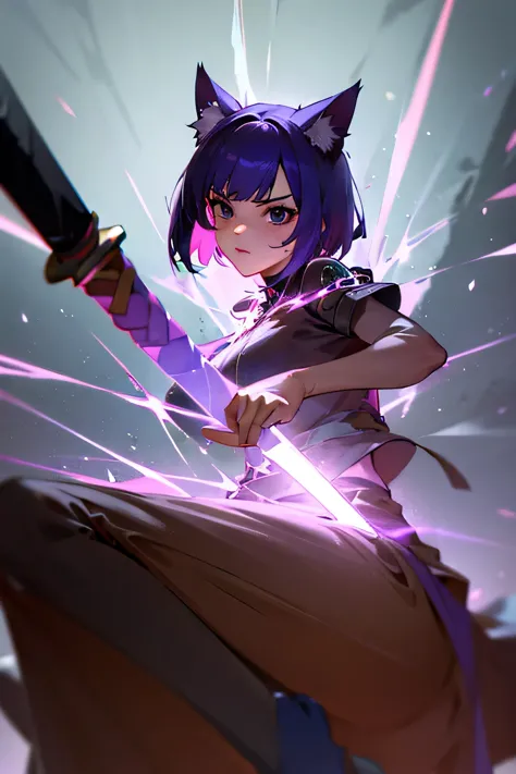 1 girl, short purple hair, cat ears, sword, battle stance