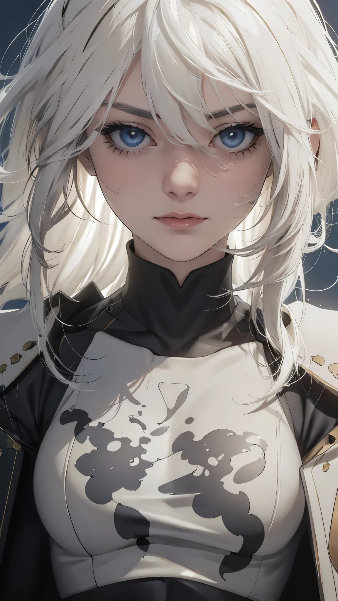 (extremely detailed CG unity 8k wallpaper), (masterpiece), (best quality), (ultra-detailed), (best illustration), (best shadow), (absurdres) ,(detailed eyes), 2b, 1girl, long hair, white hair, solo, Intimidating women, admiral uniform, night, hero pose, white clothes, General Uniform, Military Uniform, Sunlight, exposed to sunlight,commander, fighting pose, wearing cape