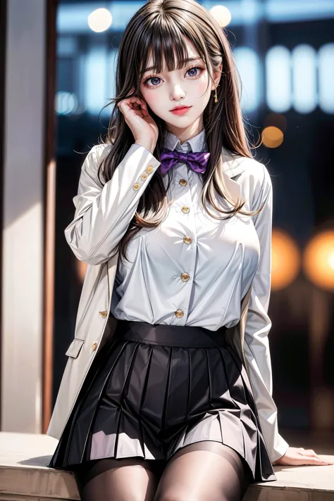 Simple White Background, Brown_blazer_jacket,long_sleeves, bowtie, pleated skirt, pantyhose, Black_hair,Long_hair,purple_eyes,Ba...