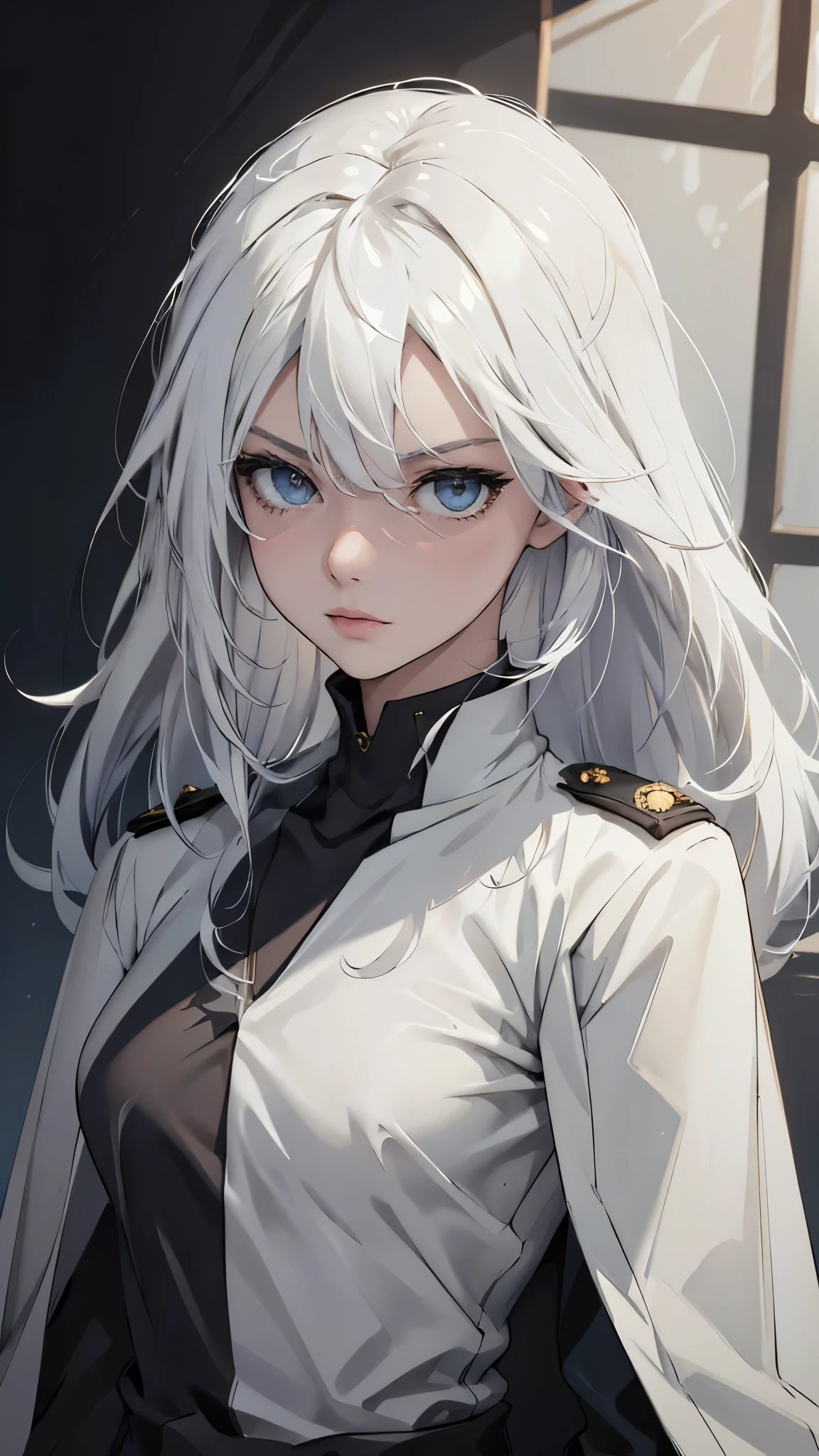 (extremely detailed CG unity 8k wallpaper), (masterpiece), (best quality), (ultra-detailed), (best illustration), (best shadow), (absurdres) ,(detailed eyes), 2b, 1girl, long hair, white hair, solo, Intimidating women, admiral uniform, night, hero pose, white clothes, General Uniform, Military Uniform, Sunlight, exposed to sunlight,commander, fighting pose, wearing cape