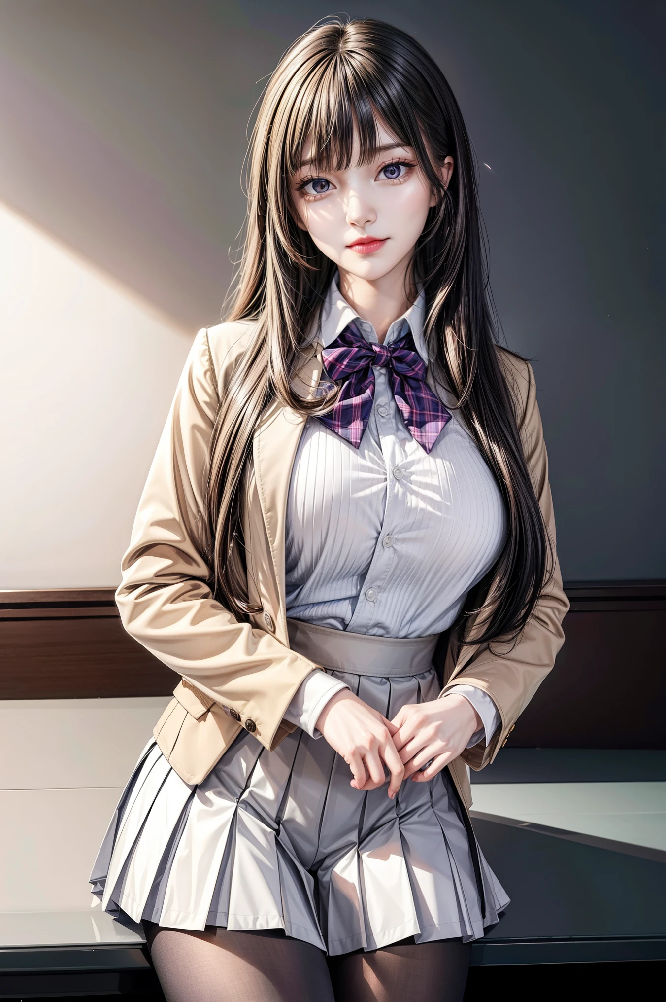 Simple White Background, Brown_blazer_jacket,long_sleeves, bowtie, pleated skirt, pantyhose, Black_hair,Long_hair,purple_eyes,Bangs, 1 girl, 20yo,Young female,Beautiful Finger,Beautiful long legs,Beautiful body,Beautiful Nose,Beautiful character design, perfect eyes, perfect face,expressive eyes,perfect balance, looking at viewer,(Focus on her face),closed mouth, (innocent_big_eyes:1.0),(Light_Smile:0.3), official art,extremely detailed CG unity 8k wallpaper, perfect lighting,Colorful, Bright_Front_face_Lighting,White skin, (masterpiece:1.0),(best_quality:1.0), ultra high res,4K,ultra-detailed, photography, 8K, HDR, highres, absurdres:1.2, Kodak portra 400, film grain, blurry background, bokeh:1.2, lens flare, (vibrant_color:1.2),professional photograph, (Beautiful,large_Breasts:1.1), (beautiful_face:1.5),(narrow_waist),