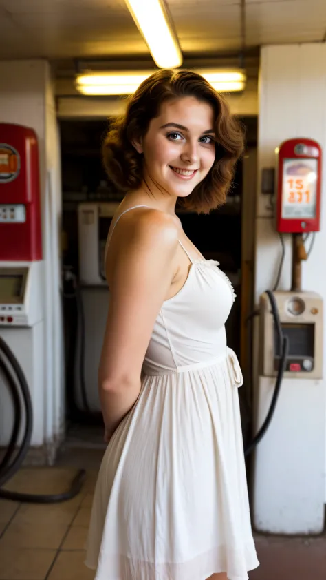 Retro analog style photo of a 28 year old feminine woman happily posing in a clean and beautiful sundress, high detail, soft focus, dramatic, 50&#39;rustic gas station, Indirect lighting casts soft shadows on the subject