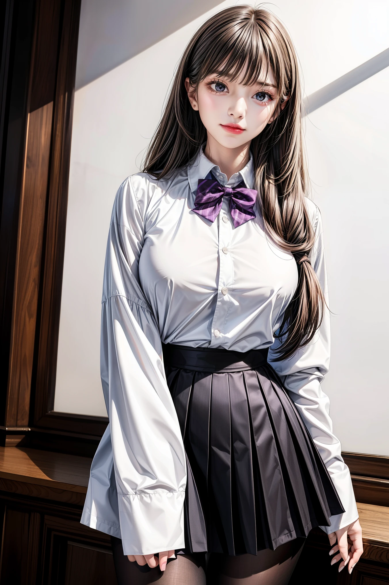 Simple White Background, Brown_blazer_jacket,long_sleeves, bowtie, pleated skirt, pantyhose, Black_hair,Long_hair,purple_eyes,Bangs, 1 girl, 20yo,Young female,Beautiful Finger,Beautiful long legs,Beautiful body,Beautiful Nose,Beautiful character design, perfect eyes, perfect face,expressive eyes,perfect balance, looking at viewer,(Focus on her face),closed mouth, (innocent_big_eyes:1.0),(Light_Smile:0.3), official art,extremely detailed CG unity 8k wallpaper, perfect lighting,Colorful, Bright_Front_face_Lighting,White skin, (masterpiece:1.0),(best_quality:1.0), ultra high res,4K,ultra-detailed, photography, 8K, HDR, highres, absurdres:1.2, Kodak portra 400, film grain, blurry background, bokeh:1.2, lens flare, (vibrant_color:1.2),professional photograph, (Beautiful,large_Breasts:1.1), (beautiful_face:1.5),(narrow_waist),