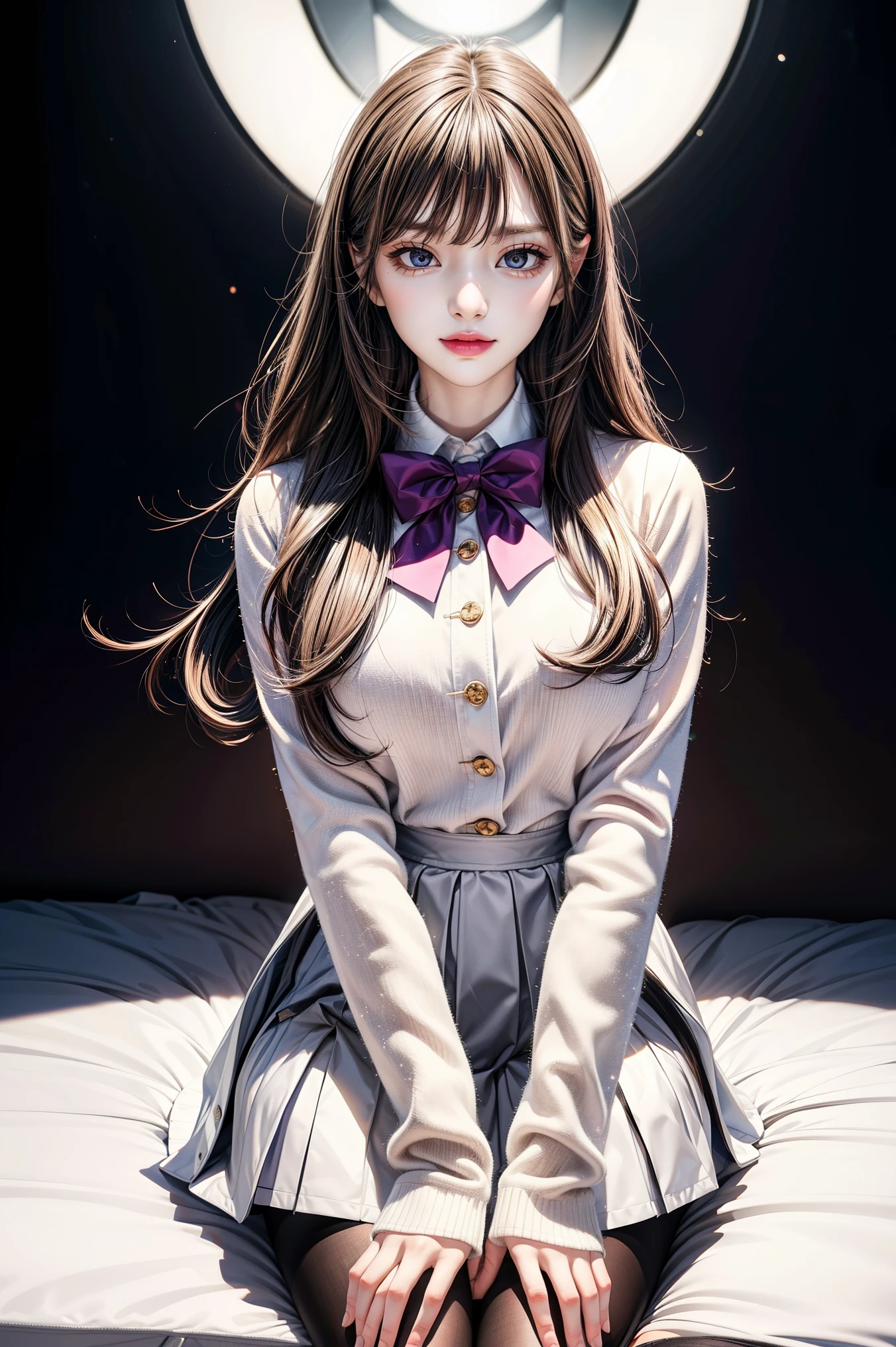 Simple White Background, Brown_blazer_jacket,long_sleeves, bowtie, pleated skirt, pantyhose, Black_hair,Long_hair,purple_eyes,Bangs, 1 girl, 20yo,Young female,Beautiful Finger,Beautiful long legs,Beautiful body,Beautiful Nose,Beautiful character design, perfect eyes, perfect face,expressive eyes,perfect balance, looking at viewer,(Focus on her face),closed mouth, (innocent_big_eyes:1.0),(Light_Smile:0.3), official art,extremely detailed CG unity 8k wallpaper, perfect lighting,Colorful, Bright_Front_face_Lighting,White skin, (masterpiece:1.0),(best_quality:1.0), ultra high res,4K,ultra-detailed, photography, 8K, HDR, highres, absurdres:1.2, Kodak portra 400, film grain, blurry background, bokeh:1.2, lens flare, (vibrant_color:1.2),professional photograph, (Beautiful,large_Breasts:1.1), (beautiful_face:1.5),(narrow_waist),