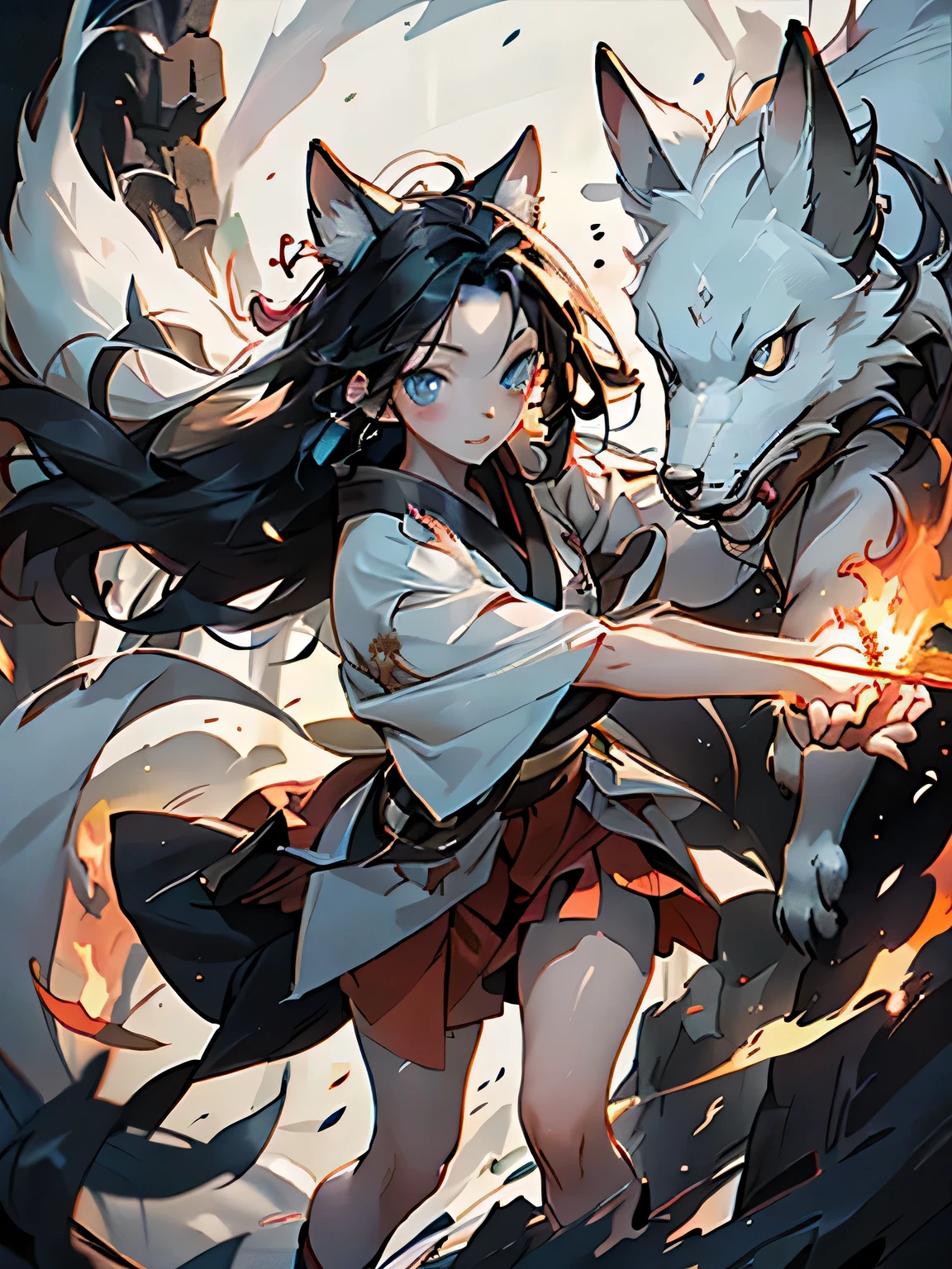 소녀 1명,키모노,긴 검은 머리,불타는 막대기를 손에 들고,짧은 치마,파란 눈,공격을 준비하다,뒤에는 흰여우가 있어요