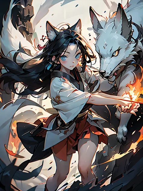 1 girl,kimono,long black hair,holding burning stick in hand,short skirt,blue eyes,Prepare to attack,There is a white fox behind