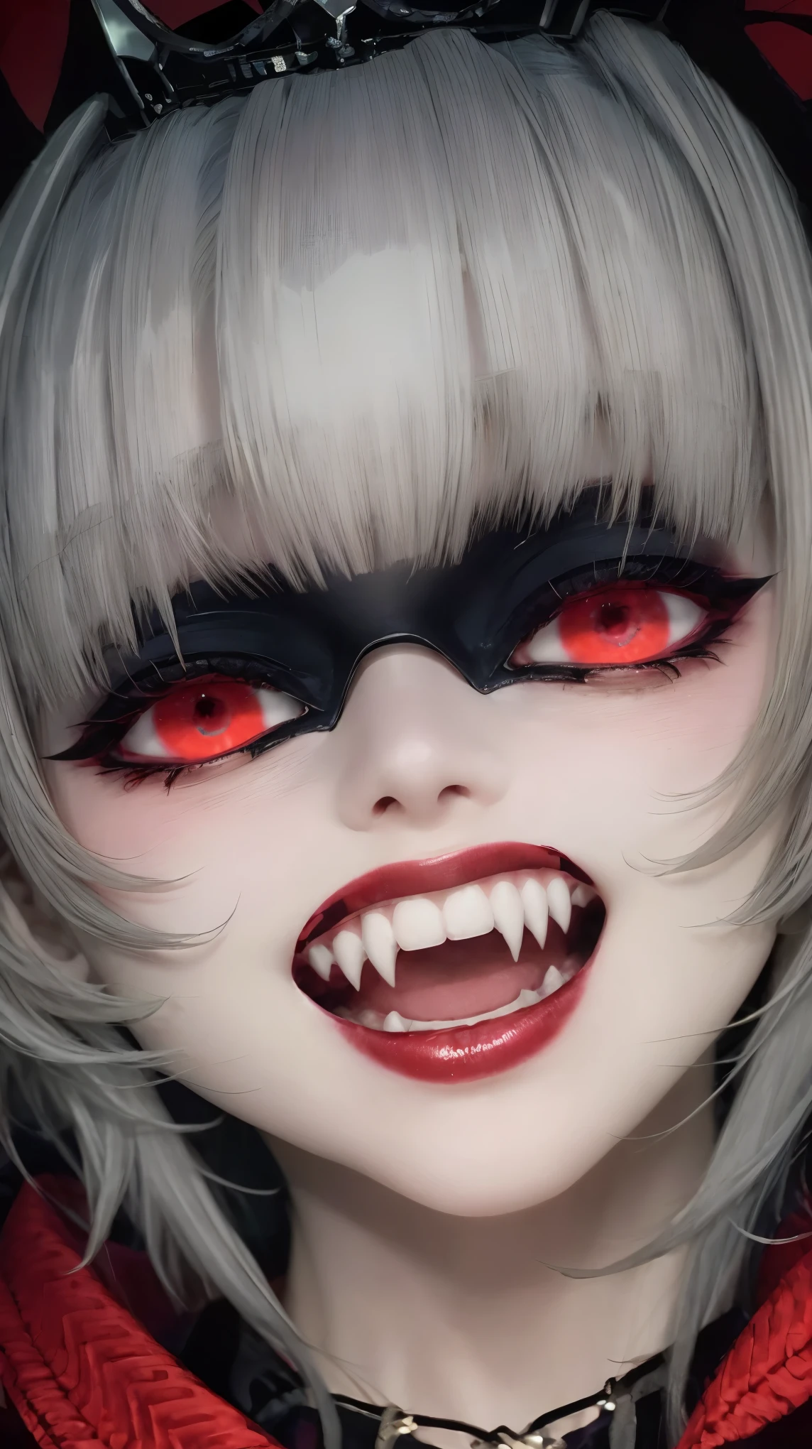 close up portrait of a vampire girl , blue hair,short hair, Yelan Genshin Impact, intricate dress, ((gothic)) aristogracy, red background,while smiling,big crown,red eyes,evil look,evil gaze.black earings,black rings,evil laugh,smile,YAMATO,fangs, Goth girl