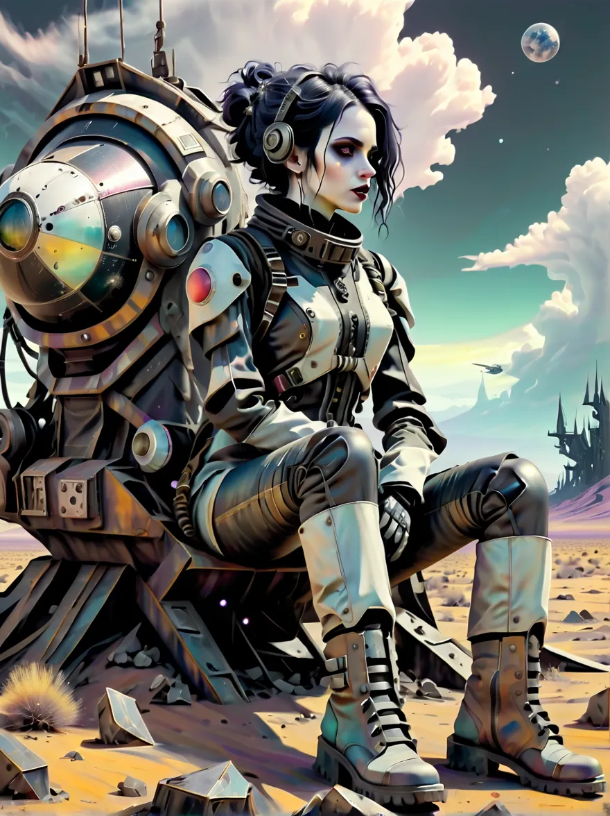 (gothic aesthetic:1.8), 1 female astronaut，wasteland background，tailor-made female mecha suit，（30 years old），sitting on the land...