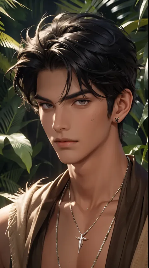 1 boy,Handsome，tall and strong,perfect male figure, eyes looking at camera, ((tanned skin)),forest，primitive，feather hair accessories，Oil paint on the face，black hair,serious expression,Beast tooth necklace,Ray tracing
