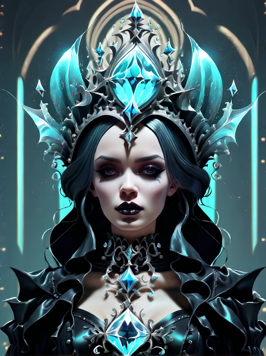 （Game ace:1.5，rotational symmetry），(gothic aesthetic:1.8)，（cowboy shots），Minimalist composition，waves，Female magician，Delicate crystal headdress，Exquisite crystal armor，Electroluminescence，dreamy glow，concept digital art，Sky blue gray，（Very detailed，Reasonable design，clear lines，High definition，best quality，masterpiece，4K）