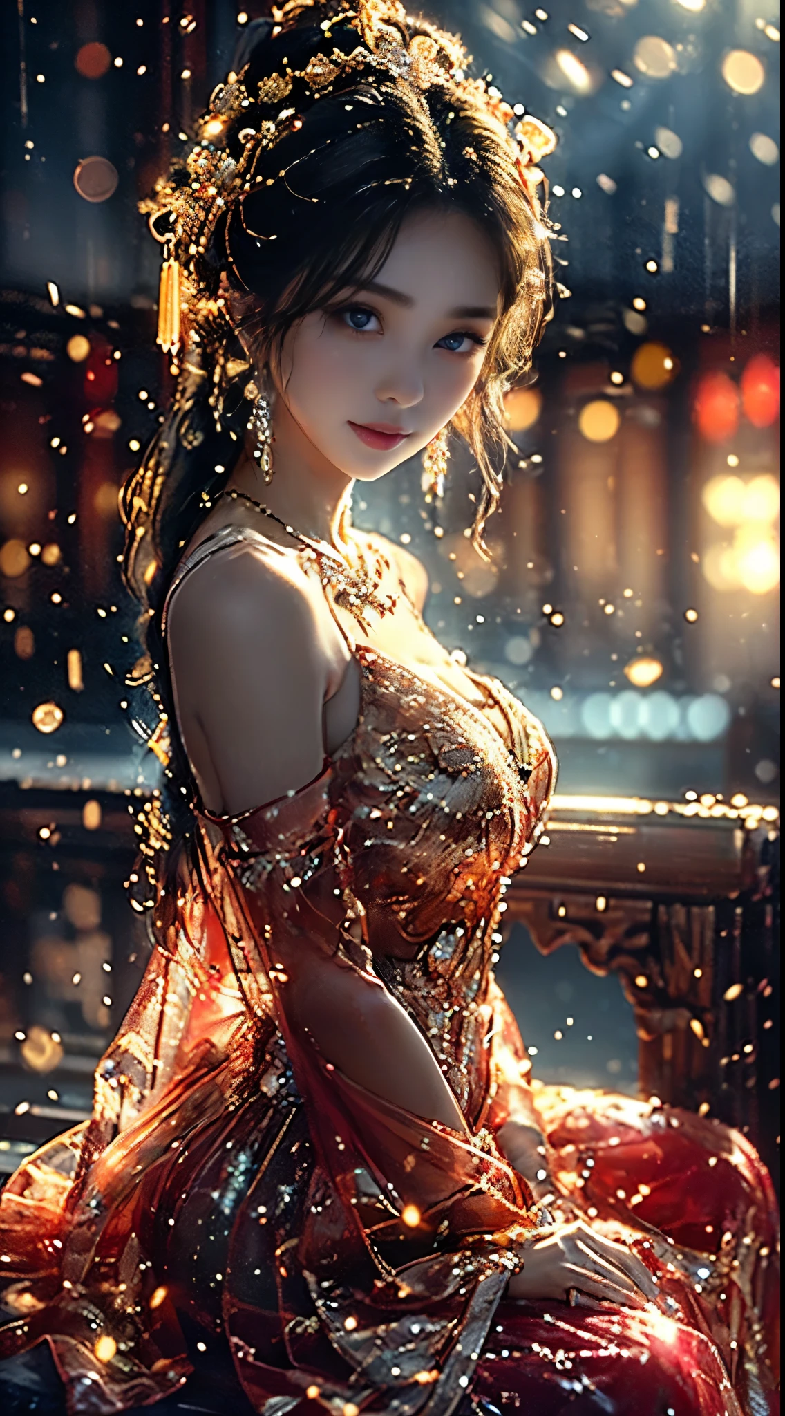 AncheReddressgirl, ((Shot from random angles)), ((sitting position)), ((in the classroom, sitting on the podium)), (Yushuxin,1 girl,alone), clear face, pretty face, 8K, masterpiece, original photo, best quality, detail:1.2,lifelike, detail, Very detailed, CG, Unite, wallpaper, depth of field, movie light, lens flare, Ray tracing, (extremely beautiful face, beautiful lips, beautiful eyes), complex, detail face, ((ultra detailed skin)), 1 girl, in the darkness, deep shadow, beautiful girl, pop idol,(Very slim figure:1.3), plump breasts, big breasts, Slender sexy legs, very nice legs, elegant posture, (bright smile), (City night, (neon lights), (night), beautiful girl, white diamond earrings, diameter bracelet, Dia Necklace, clear eyes, (big eyes)